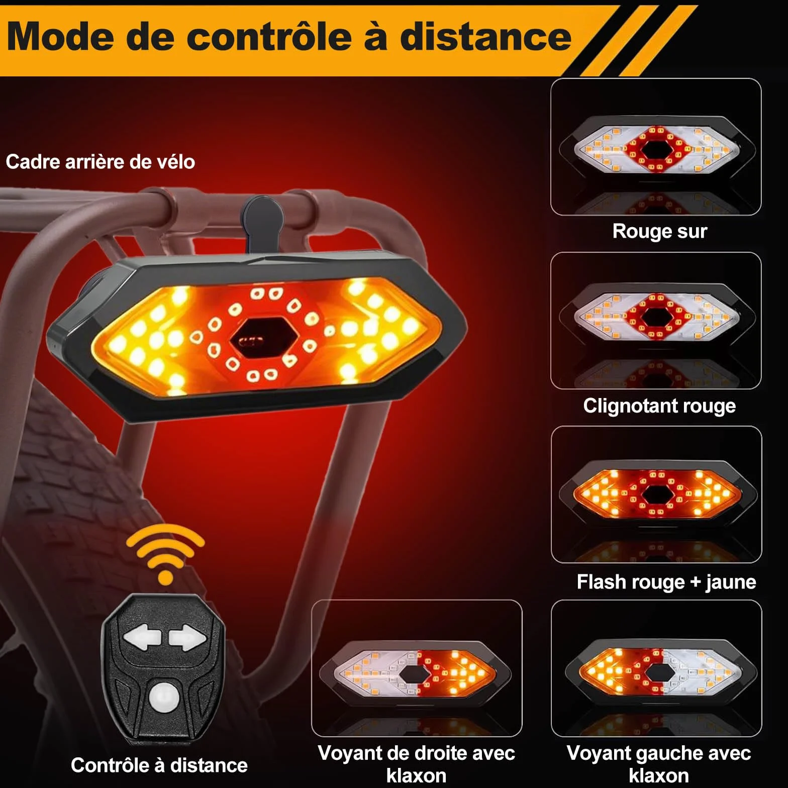EBUYFIRE Feu Arrière Vélo LED Clignotants Télécommande 5 Modes IPX4 USB Rechargeable Klaxon Montage Universel