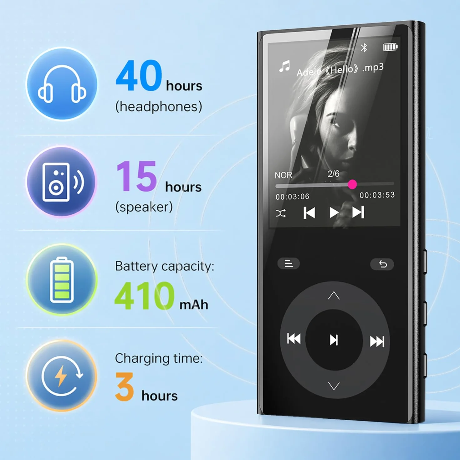 Lecteur MP3 Bluetooth 5.3, MP3 Player avec 2 Emplacements pour Cartes TF, Écran Couleur 2,4", Bouton Tactile, Haut-Parleur, Son HiFi, Jusqu'à 256 Go