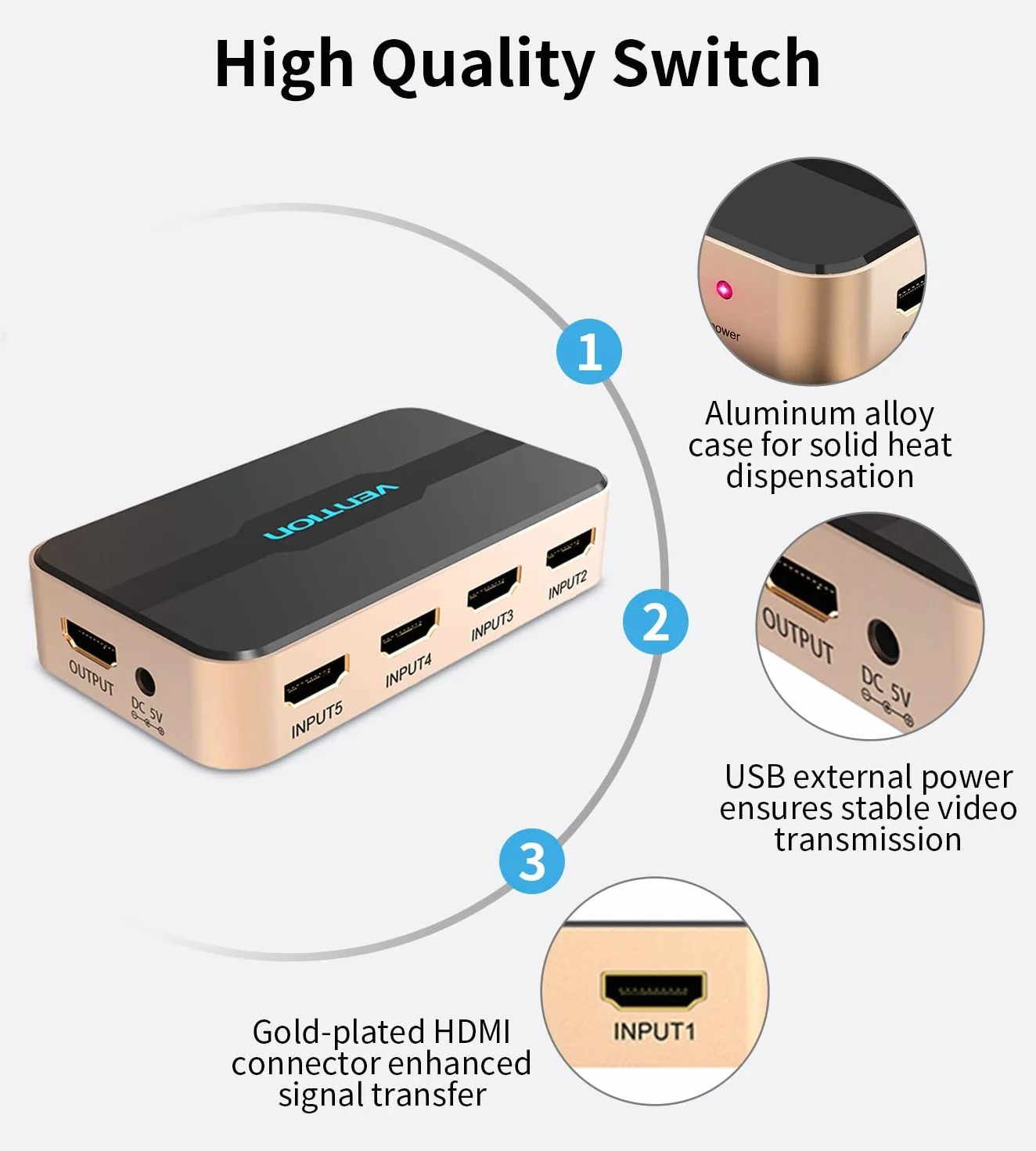 Sélecteur HDMI. Vention Commutateur HDMI 5 Ports 5 entrées 1 Sortie Séparateur Commutateur 4 K 1080 P avec télécommande Infrarouge pour PS3 X Box, câble, Satellite, Lecteur DVD Blu-Ray