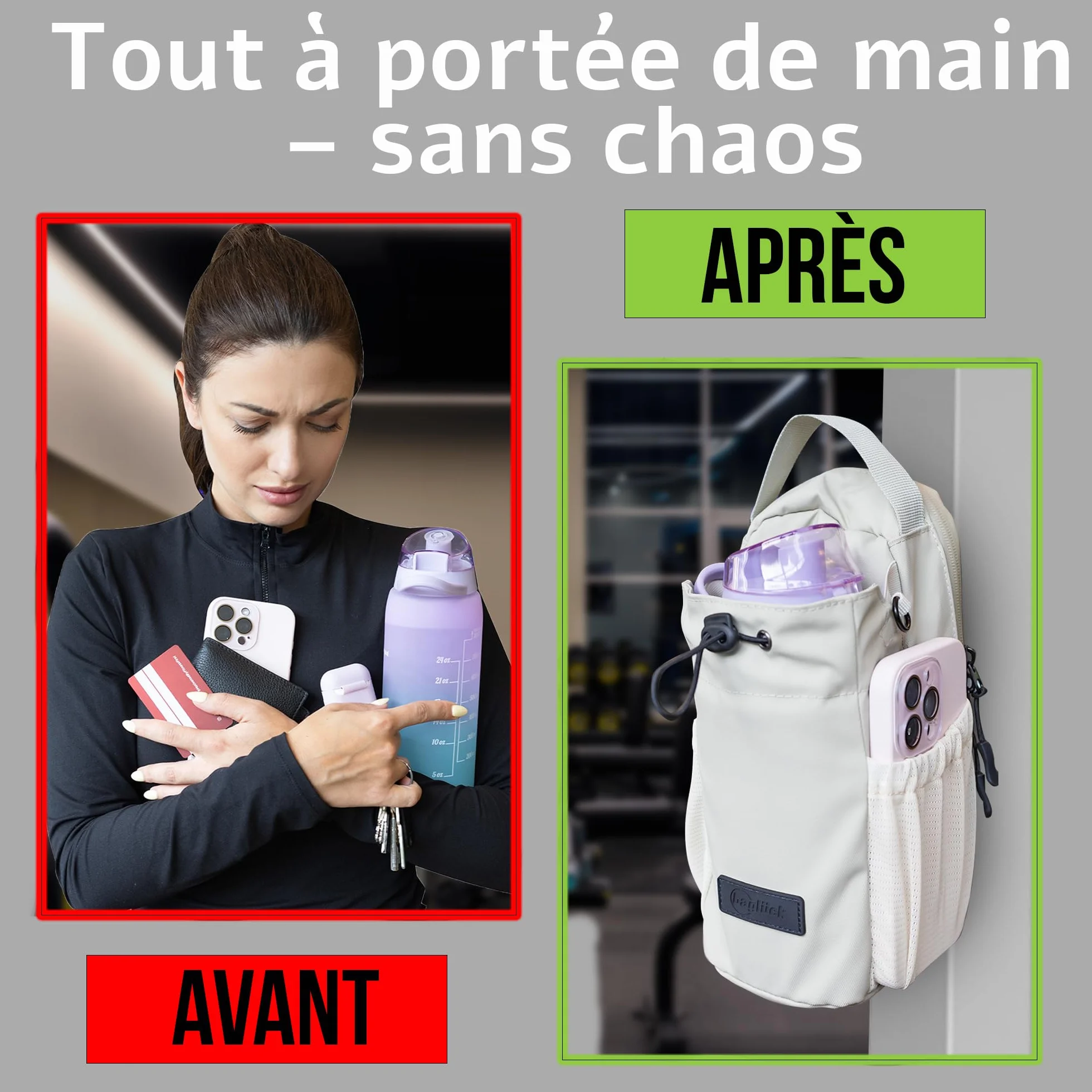 Sac de Sport magnétique avec Porte-Bouteille 1,5L – Sac Gym Fitness Homme Femme, Beige