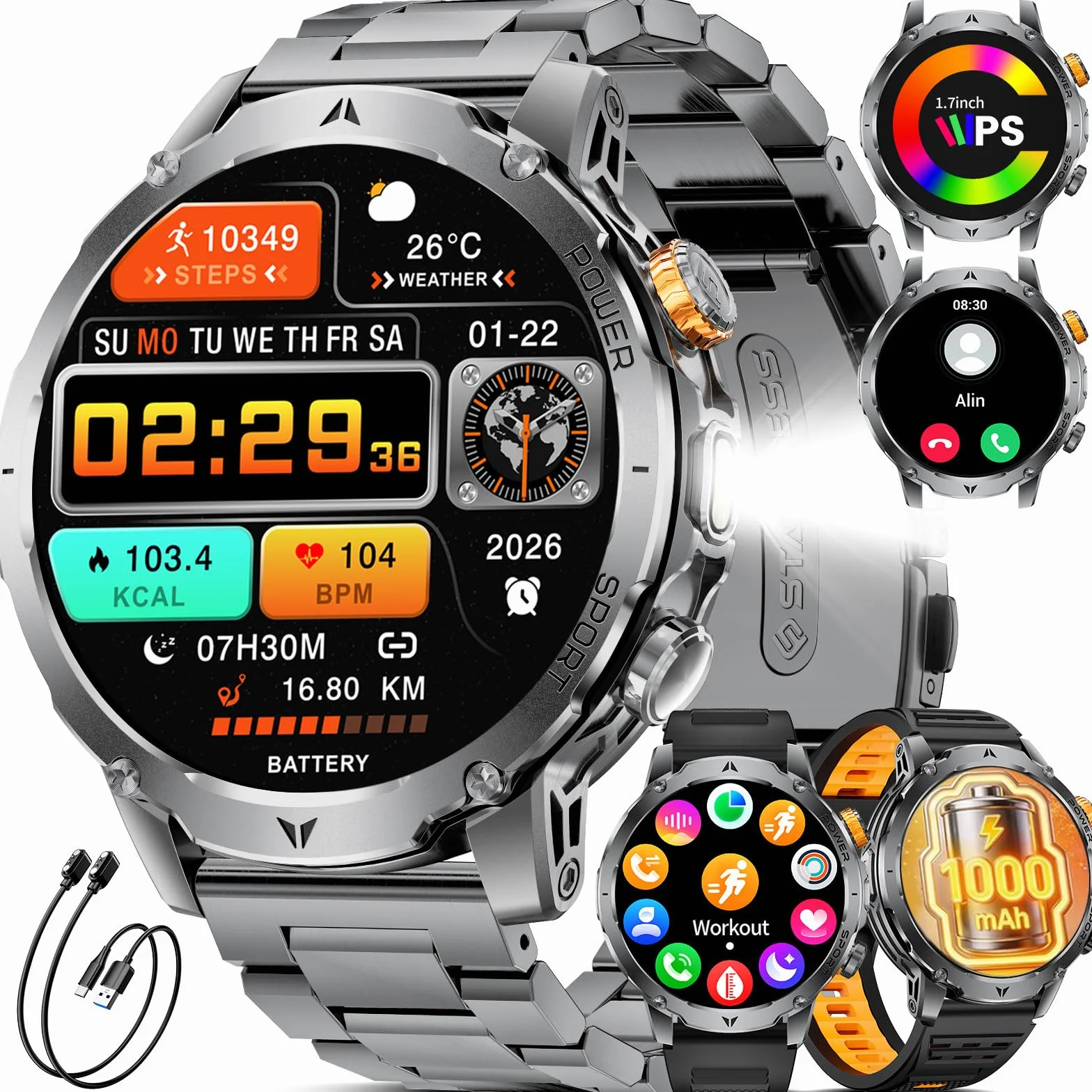 LIGE 1000mAh Montre Connectée Homme, 1,7" Smartwatch Militaire avec 110+ Modes Sportifs, IP68 Étanche, Appel Bluetooth, 24H Fréquence Cardiaque, Podomètre Android iOS,3 Bracelets,2 Chargeurs,EF24-A