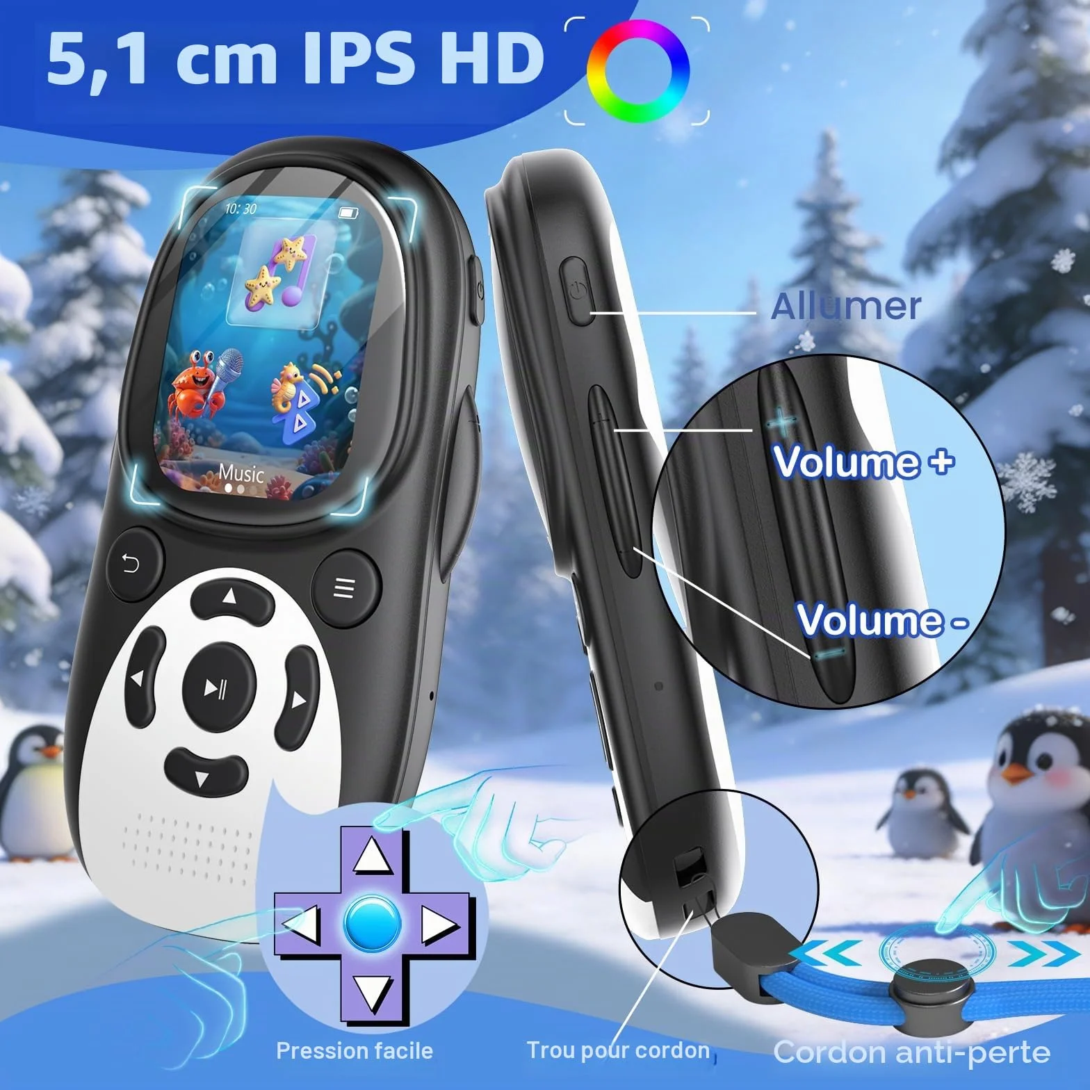 Lecteur MP3 Enfant Bluetooth 5.3 64Go Écran IPS 2 Pouces Radio FM 750mAh