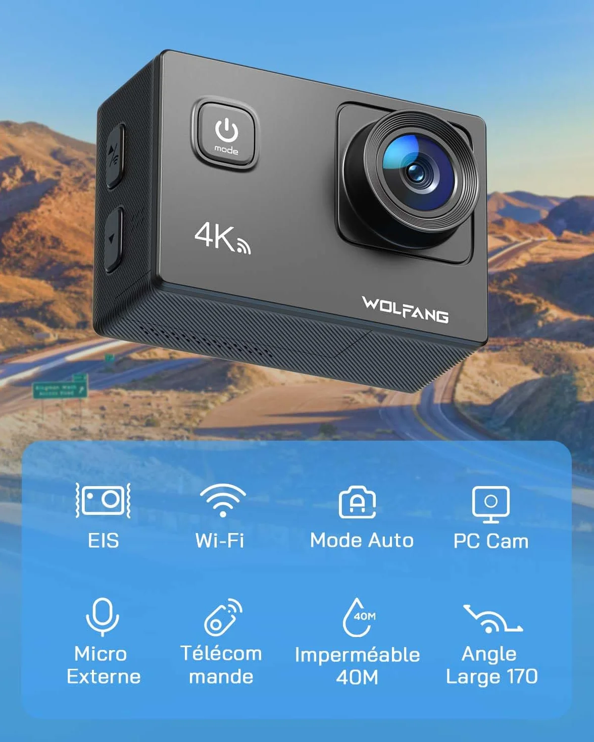 WOLFANG GA100 4K 30FPS Caméra Sport WiFi 20MP Étanche 40m avec Double Microphone Télécommande