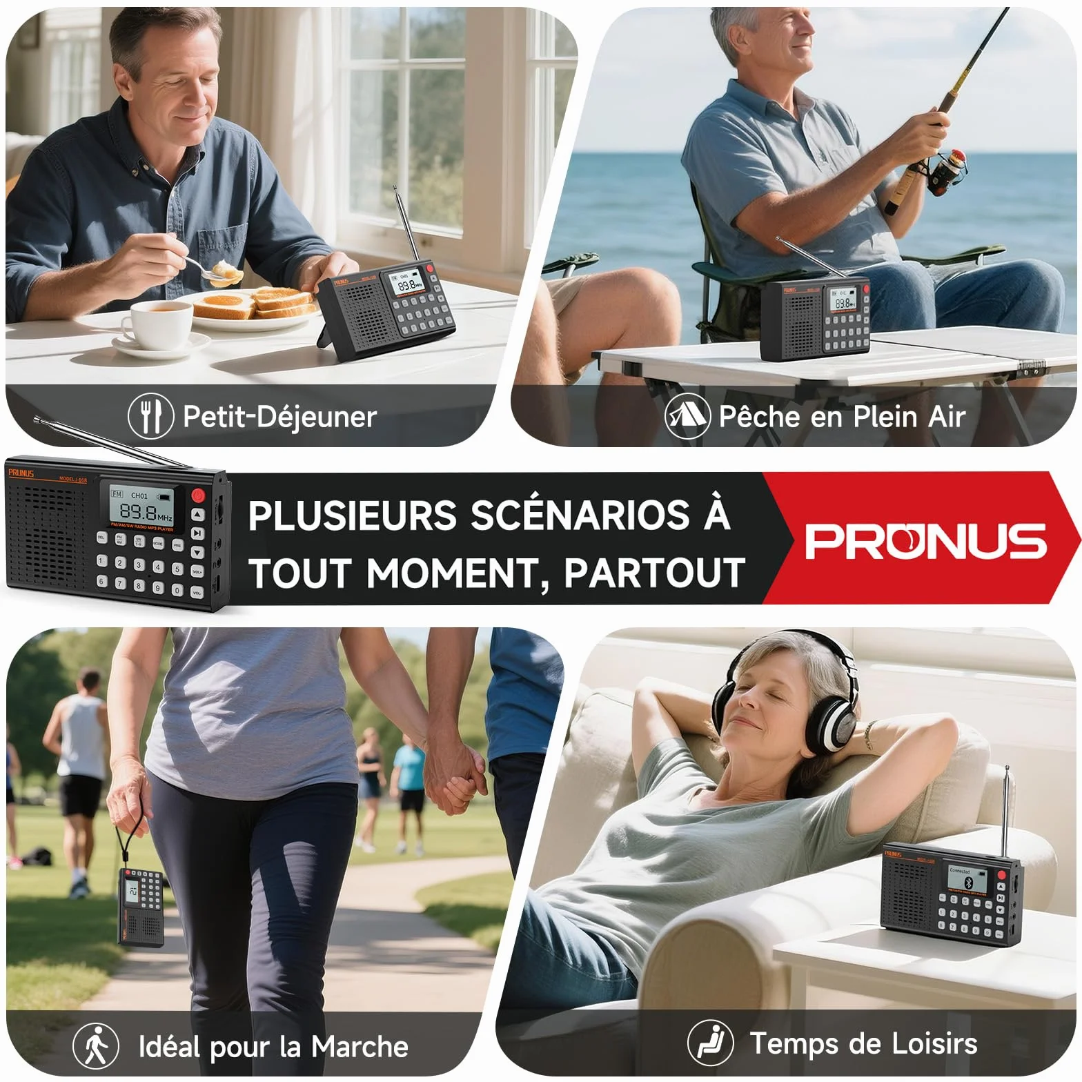 PRUNUS J-168 Petite Radio Numérique, Mini Radio Portable Rechargeable 2000 mAh, 99 Préréglages, Réveil, Bluetooth