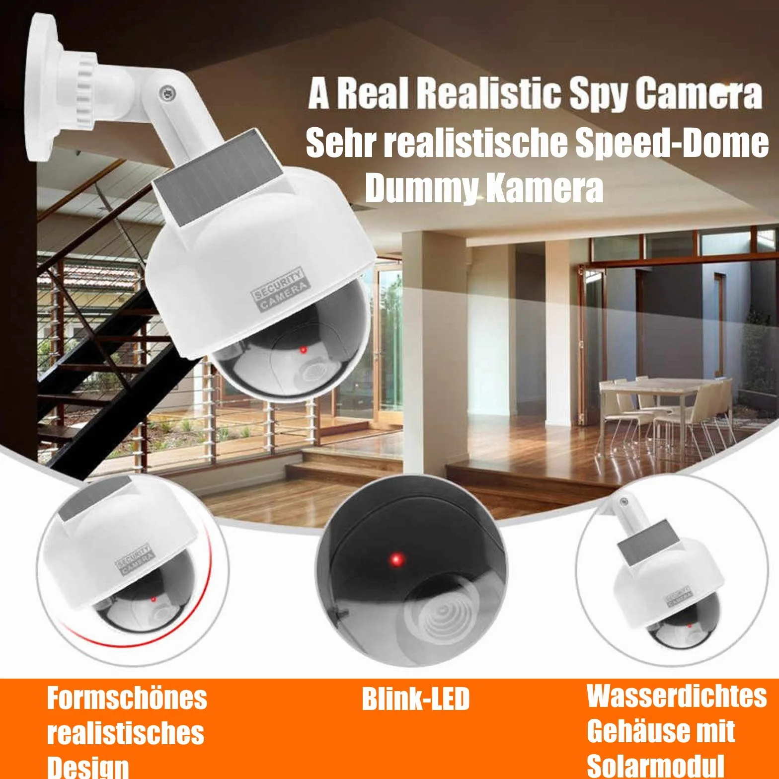 O&W Security Caméra de Surveillance Solaire Professionnelle Speed Dome Dummy Fake factice - Caméra de Surveillance d'extérieur - avec Objectif et lumière LED Rouge - Surveillance des Marchandises