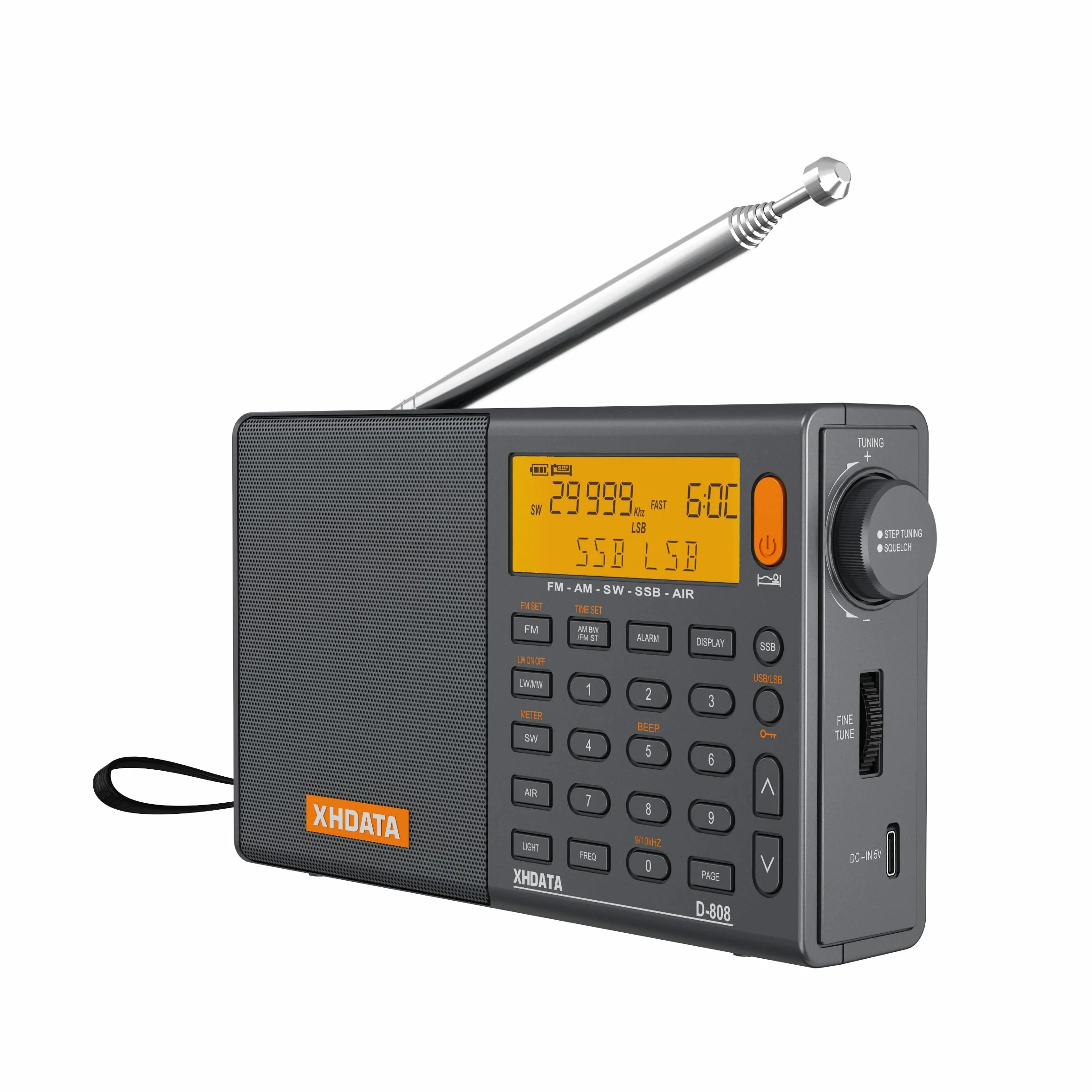 XHDATA D-808 Portable Radio Numérique FM Stéréo/SW/MW/LW SSB RDS Bande Air Band Multi Haut-Parleur avec Affichage LCD Réveil Antenne Externe et 2000mah Batterie (Gris)