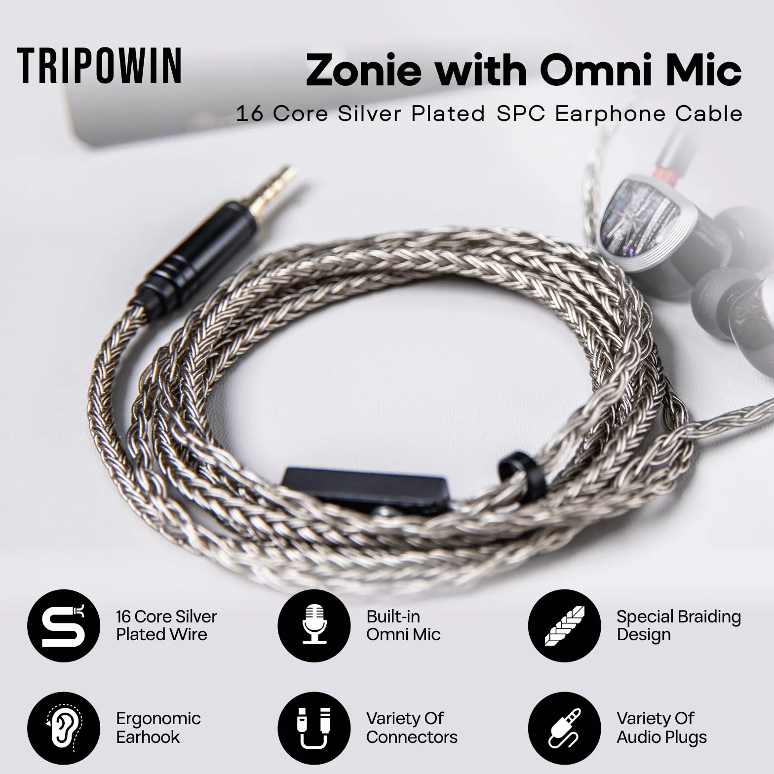 Linsoul Tripowin Zonie Câble de Mise à Niveau des IEMs HiFi, avec Omni Mic, Câble d’écouteur SPC plaqué Argent à 16 âmes, Type C/3,5mm Fil Anti-enchevêtreme de 1,25m (3,5 mm, 2 Broches 0,78 mm)