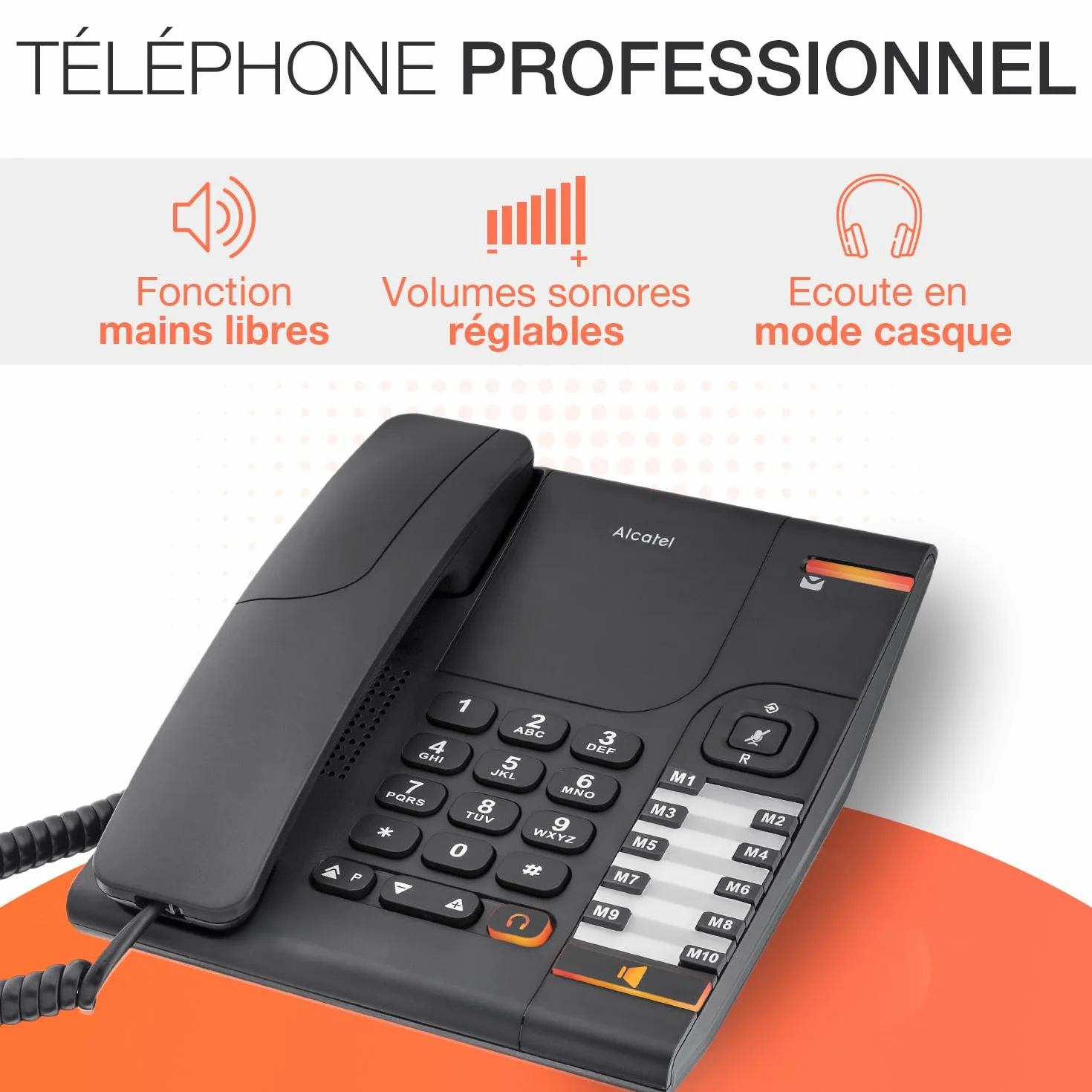 ALCATEL Temporis 380 PRO - Téléphone Fixe Filaire Professionnel - Bibloc - Mains Libres - Indicateur Lumineux - Volume Réglable - Touche Rappel & Mute - Installation Mur - 10 Mémoires Directes - Noir