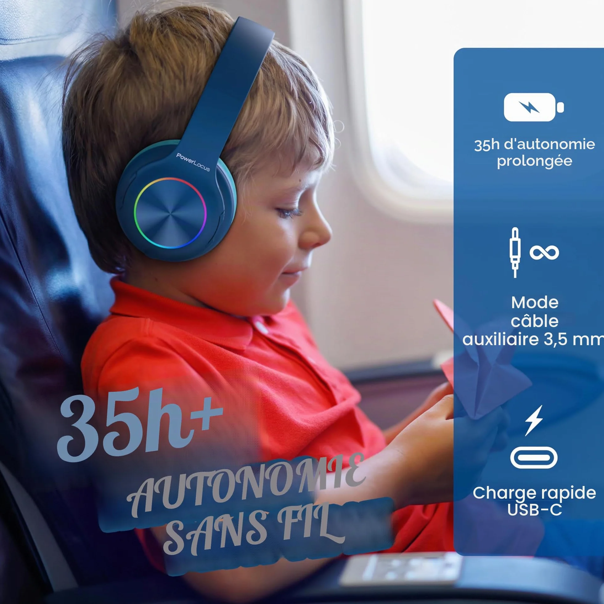 PowerLocus Casque Bluetooth Pliable sans Fil pour Enfant avec Lumières LED, HD Stéréo, USB-C Recharge Rapide, Micro intégré, SD Mode et Filaire pour iPhone/Tablettes/TV