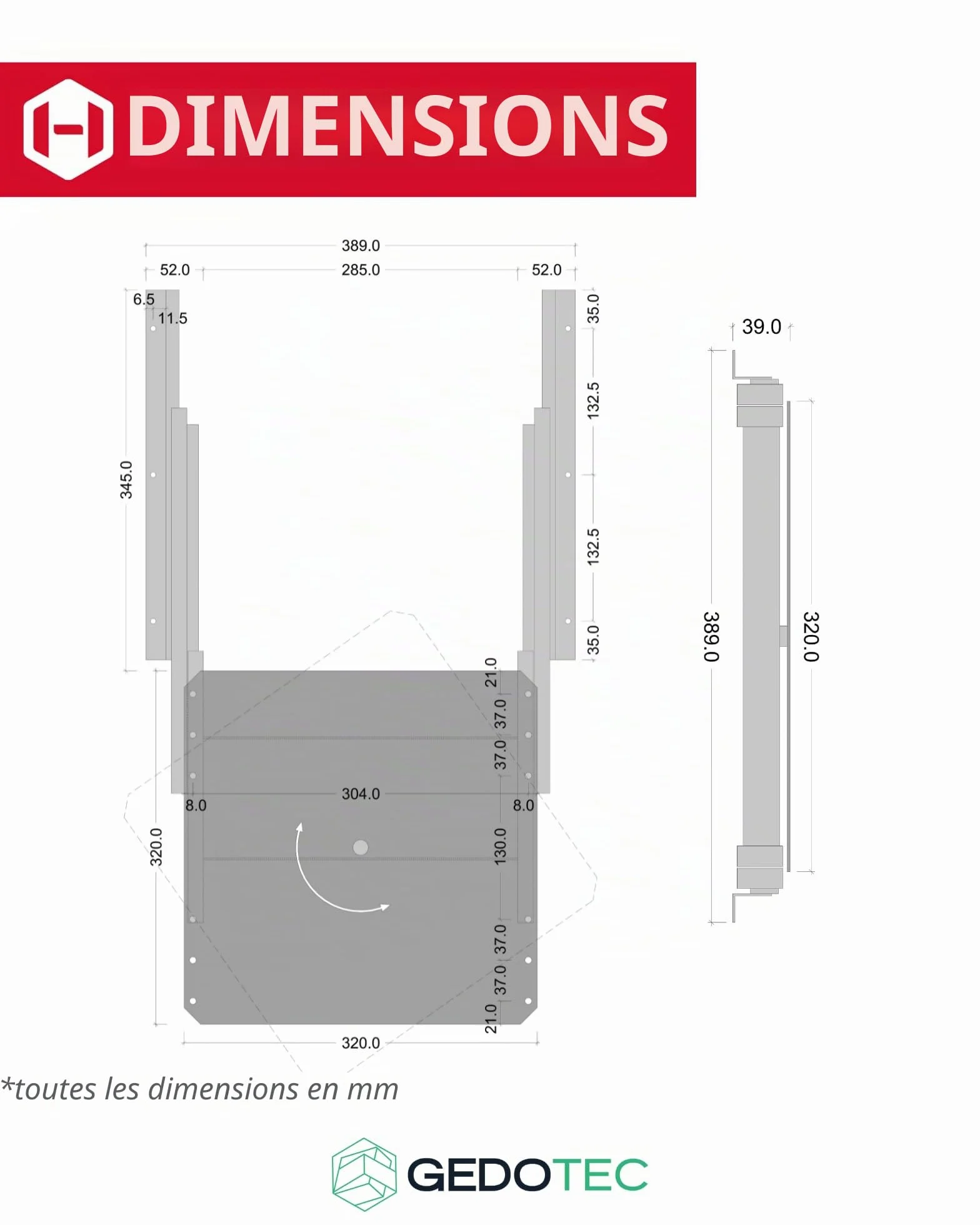 Gedotec Plateau TV pivotant Extension TV pivotante à Visser sur Tablette | Extension d'armoire Charge admissible 50 kg | Extension Totale avec Plateau tournant argenté | Longueur d'extension 335 mm
