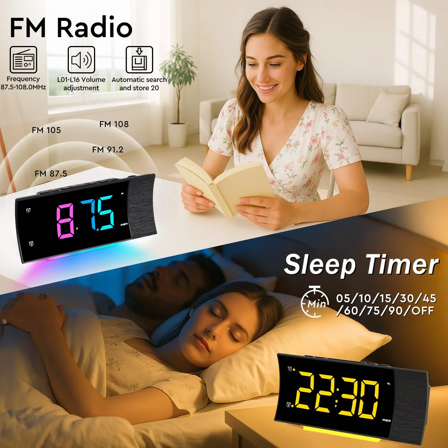 Radio Reveil Projecteur Plafond 180°, Radio Réveil FM Numérique, Grand Écran LED, Chargeur USB, Double Alarme, 12/24H, Snooze, Horloge Projection Plafond pour la Chambre