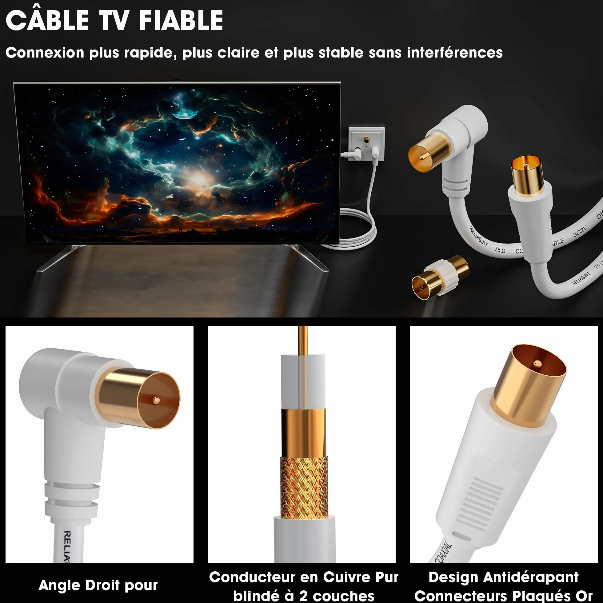 Câble antenne TV 2m coaxial 75 Ohm IEC mâle à mâle double blindage cuivre pur
