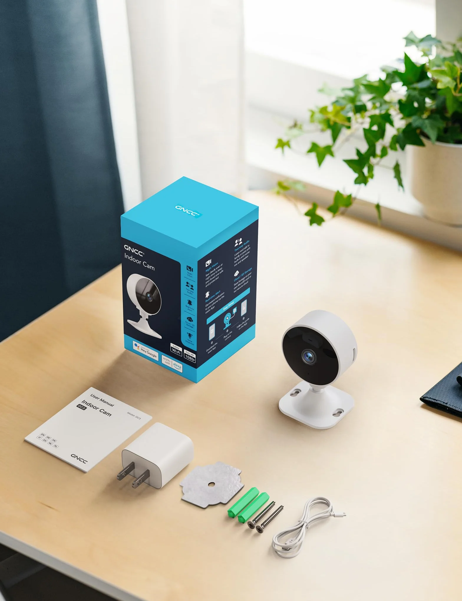 GNCC Caméra de sécurité intérieure 1080p Wi-Fi 2,4 GHz détection Mouvement IA Audio bidirectionnel Vision Nocturne Stockage Cloud