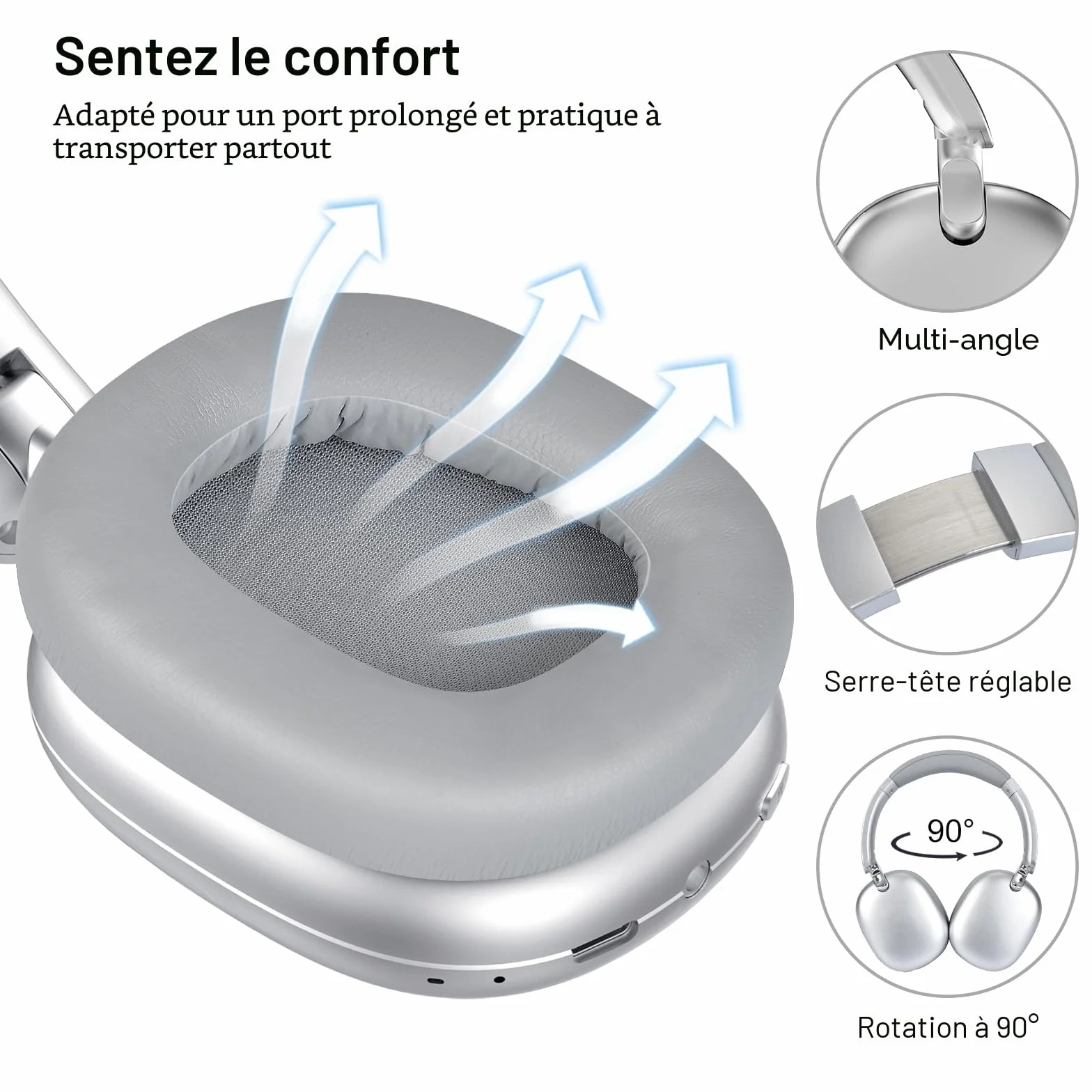 Casque Audio C6 à réduction Active du Bruit, Casque Bluetooth Supra-auriculaire sans Fil, Design Pliable léger, Oreillettes Confortables avec Basses Profondes, avec Micro Argent