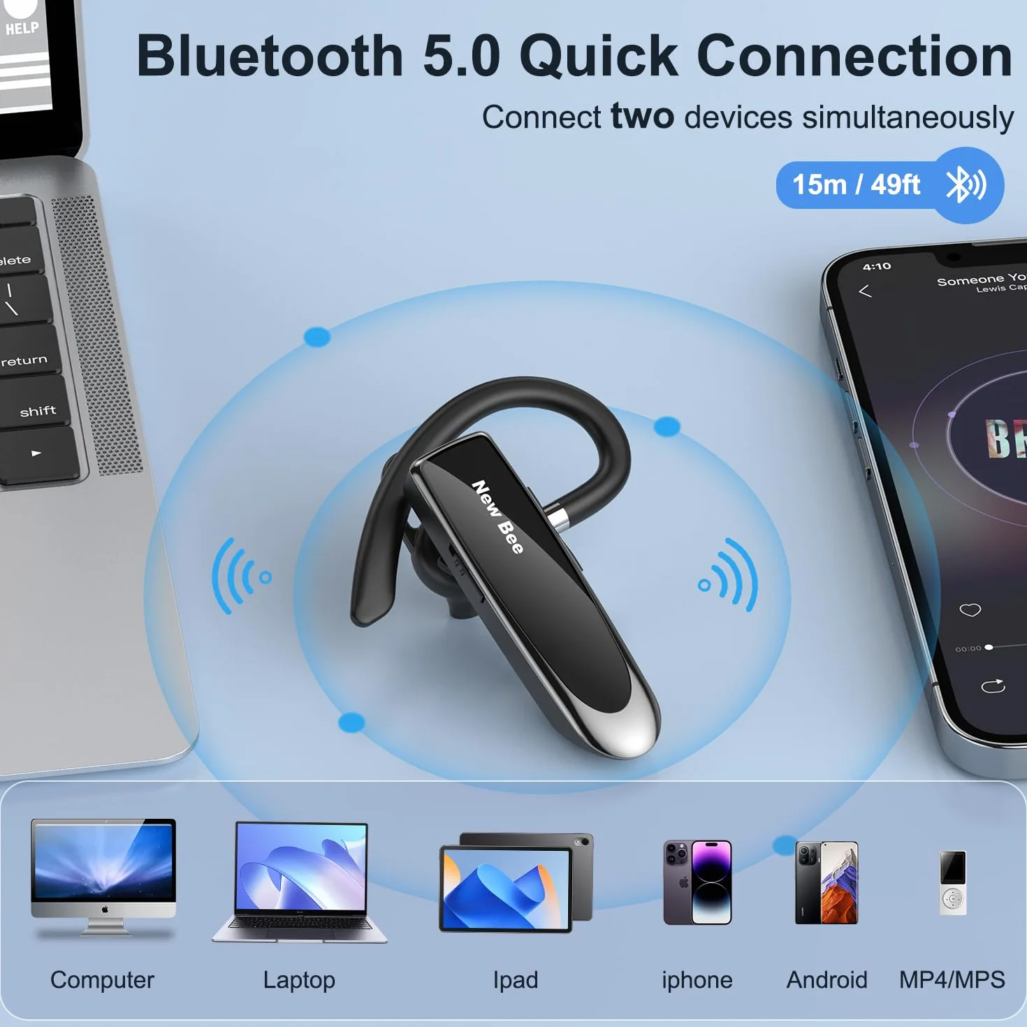New Bee Main Libre Bluetooth Oreillette, Casque sans Fil Bluetooth avec Microphone 60 Jours en Veille Casque Mains Libres avec Microphone Casque pour iPhone Samsung, HTC, LG, Sony, PC (Noir)