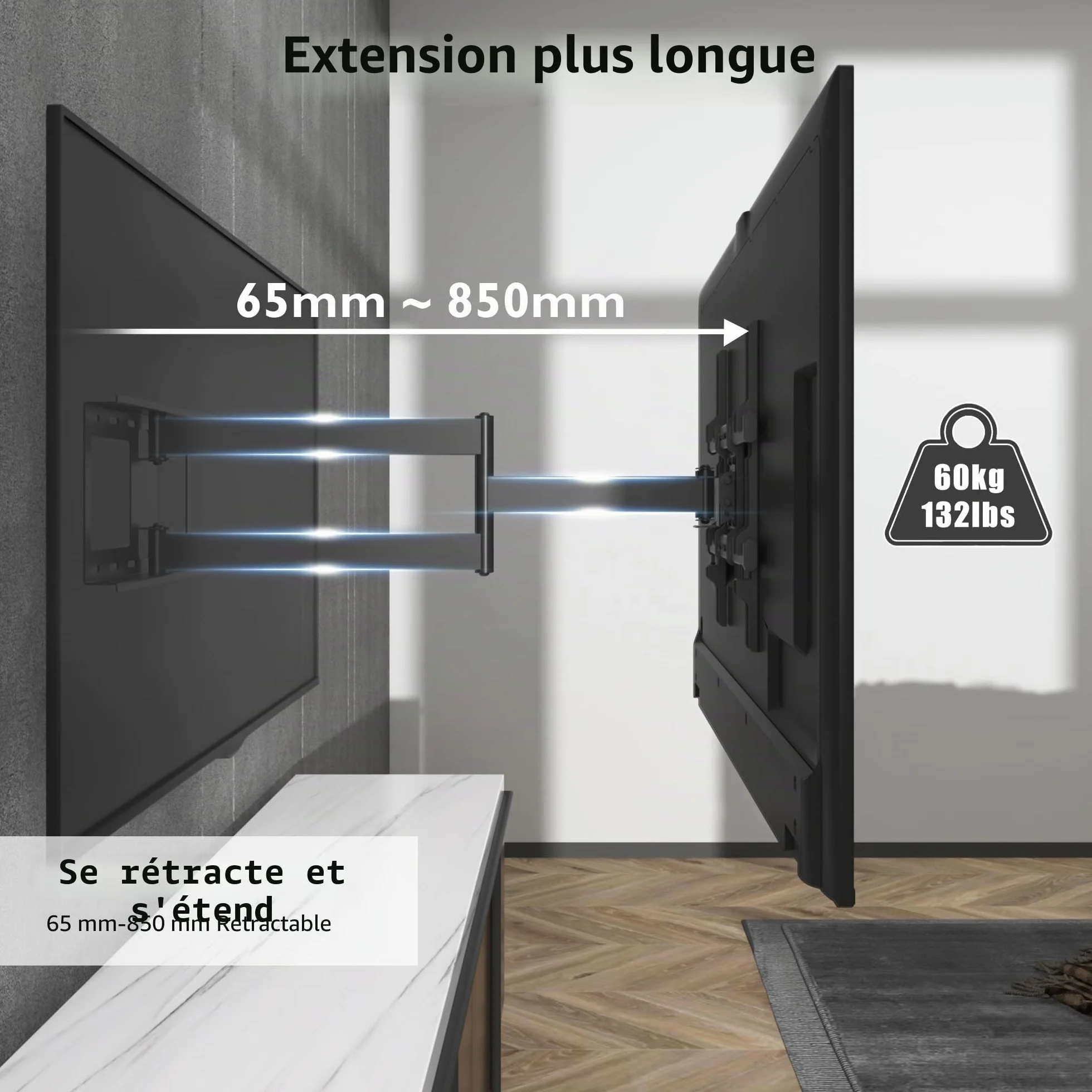 BONTEC Support Mural TV Pivotant Inclinable, Bras Articulé Extra Long 850mm, Compatible Écrans LCD/LED/OLED 32-70 Pouces jusqu'à 60 kg, Max VESA 400x400mm, Support TV Mural Orientable