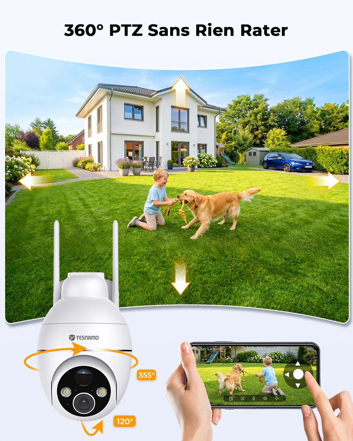 2K Camera Surveillance WiFi Exterieure sans Fil, Énergie Solaire et 360° PTZ, Caméra Solaire Batterie 2,4 G, Double Antenne Vision Nocturne Couleur, Détection PIR Audio Bidirectionnel Blanc