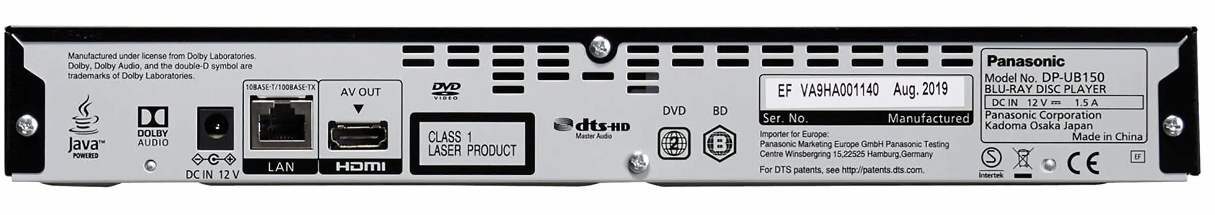 Panasonic Lecteur Blu Ray Ultra HD DP-UB150EF-K I Lecture FULL HD 3D Compatible HDR10 + / HDR / HLG / Dolby Atmos Sortie 4K Networking Lecture Audio Hi-Res USB noir - Version Française