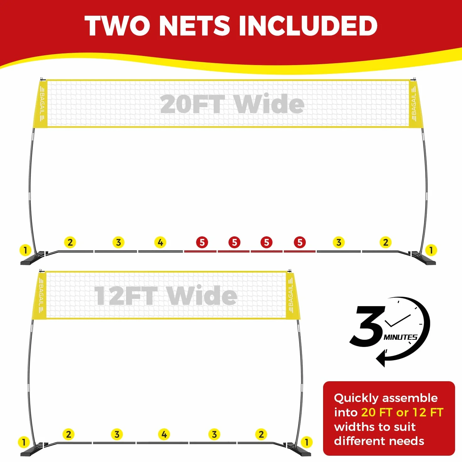 Filet de volley-ball portable 3,7 m/6,1 m réglable pour arrière-cour - Ensemble intérieur/extérieur avec sac de transport