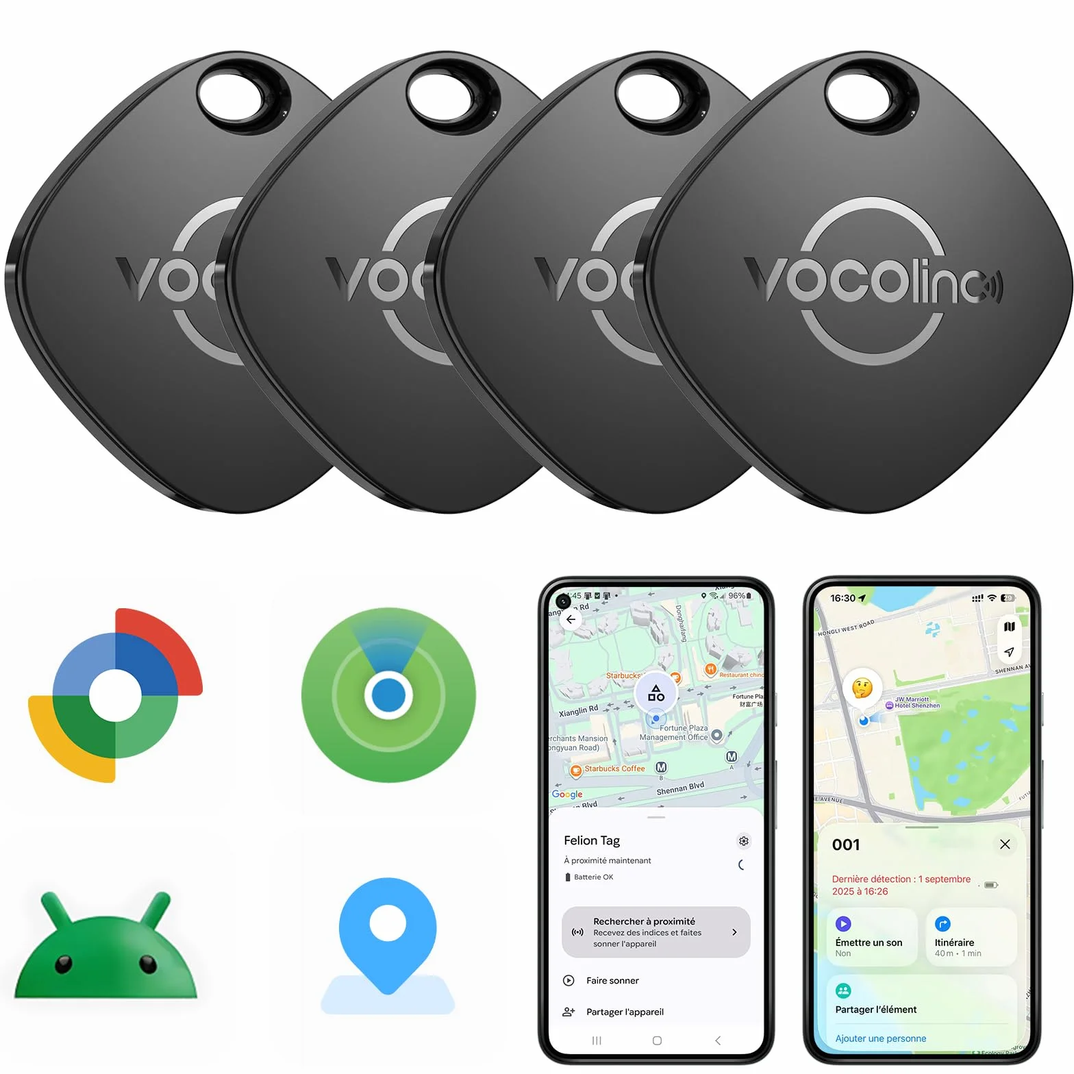 VOCOlinc Android Smart Tag Lot de 4 Double Système, Air-tag Traceur Fonctionne avec l’app Localiser Apple et Google, Tracker Localisateurs D’Objets pour Valise/Clés/Sacs/Bagages, Batterie Remplaçable