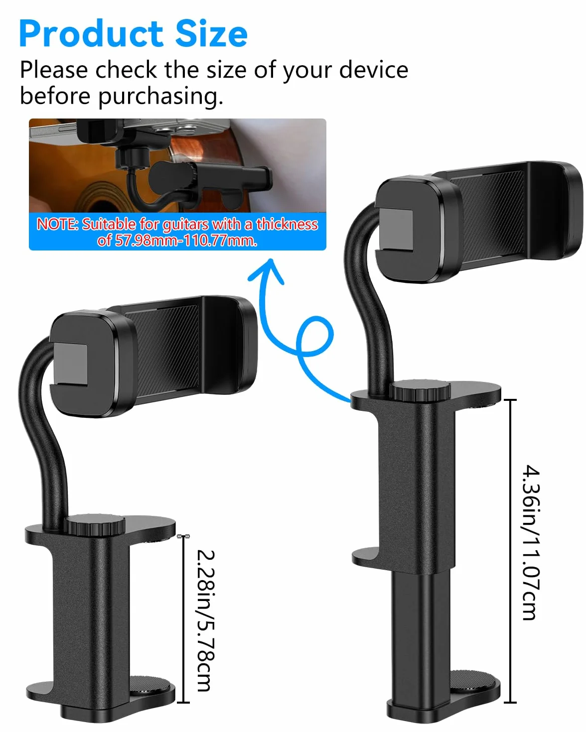Support de Téléphone pour Guitare- Support Universel pour Smartphone pour Guitare, Basse, Ukulélé, Rotatif à 360° et Réglable, Idéal pour La Diffusion en Direct et l'enseignement en Ligne
