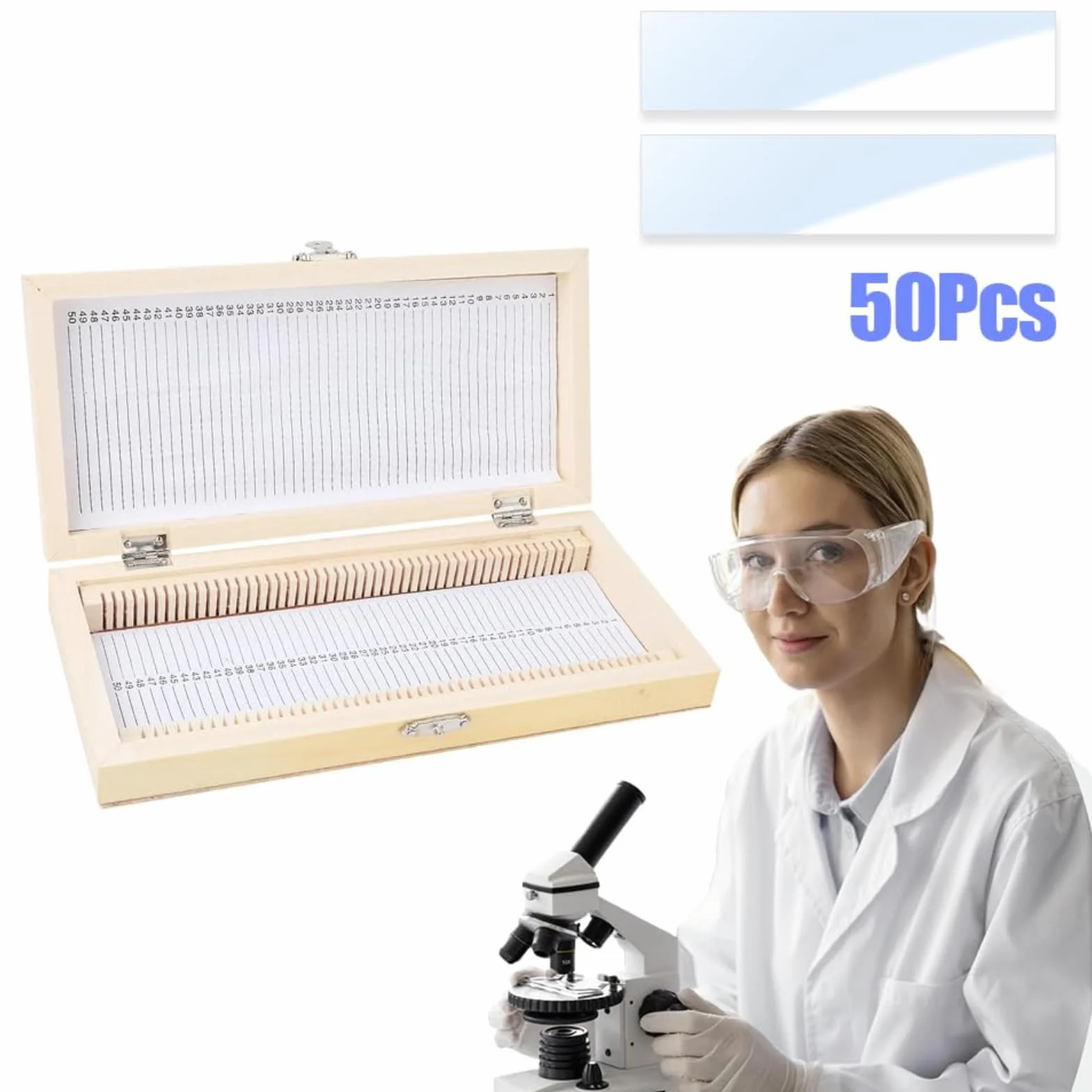 Coffret en Bois pour Lames de Microscope 50 Diapositives Boîte de Rangement 23x10,6x3,5cm