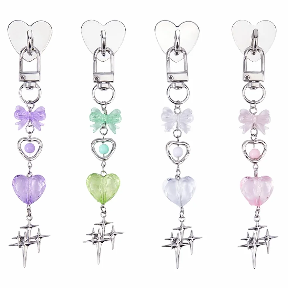 SUPERFINDINGS 4 Pièces Charme de Téléphone en Acrylique Chaîne de 12,5 cm Breloques Mignonnes pour Kindle Cœur Noeud Papillon Étoile Pendentif de Téléphone avec Fermoir à Pivot en Alliage