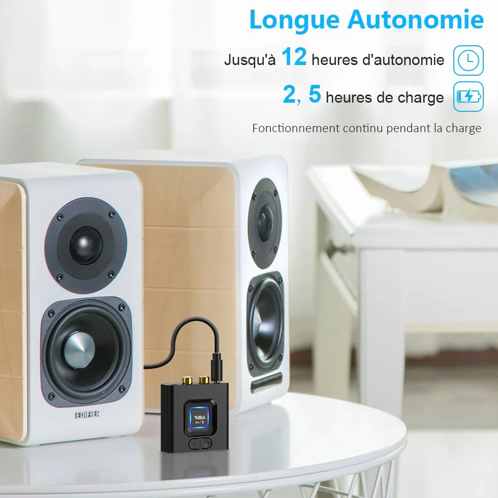 1Mii ML201 Récepteur Bluetooth 5.1, Modernisez Votre Ancien Système Audio | Adaptateur Bluetooth 3,5mm/RCA, Streaming Hi-Fi sans Fil depuis Mobile/Tablette vers Enceinte Filaire, 12H Lecture, Mode Bass