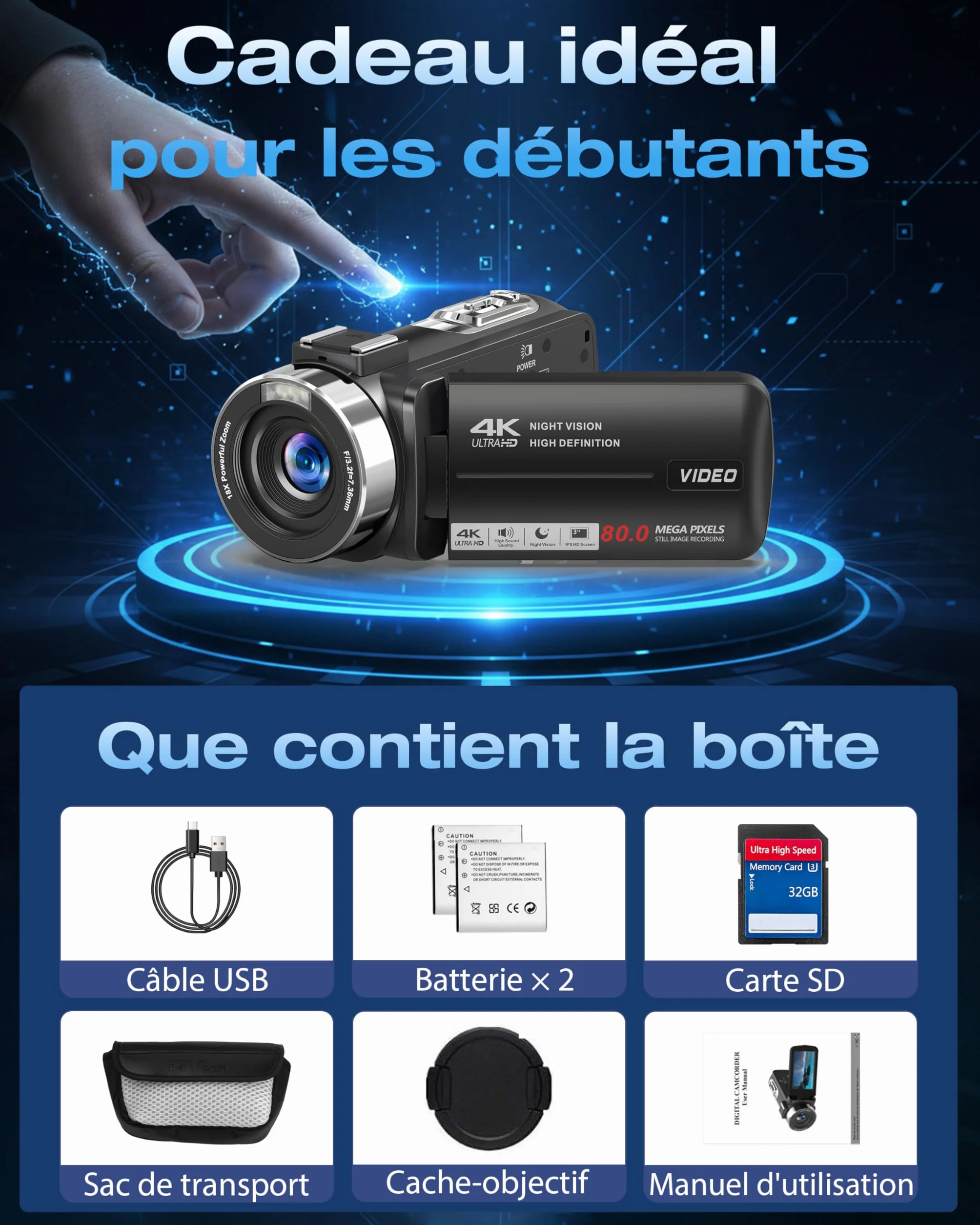 Caméscope 4K 80MP 30FPS Vision Nocturne Infrarouge Zoom 18X Écran IPS 3,0 Pouces avec 2 Piles et Carte SD 32Go