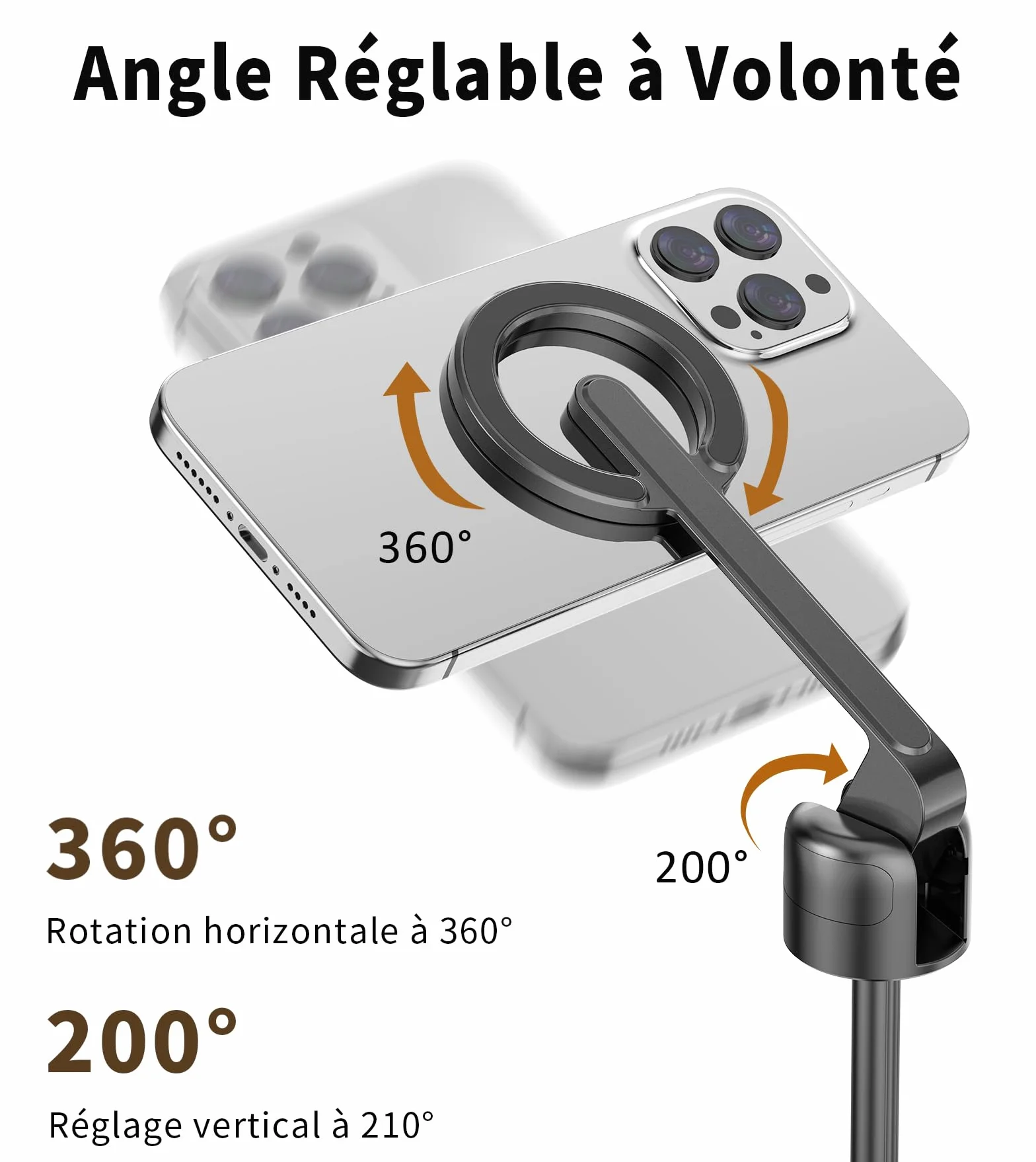 TONEOF 173cm Perche Selfie Magnétique Trépied,Fixations en Aluminium pour Magsafe, Rotatif à 360°,Trépied Voyage Rétractable avec Anneau Métallique&Télécommande,Têtes de Trépieds pour Téléphones-Noir