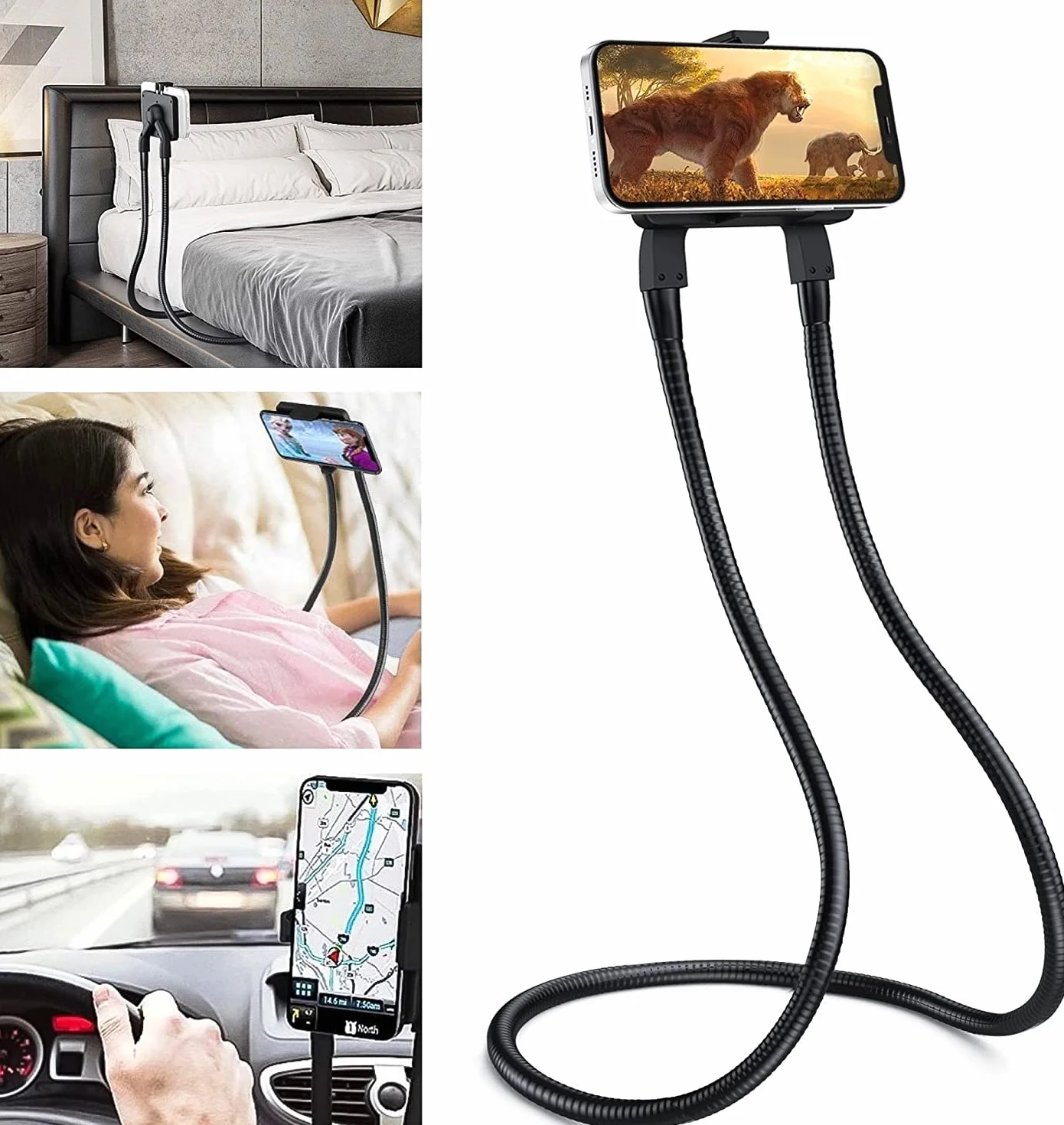 Support Telephone, Universelle Lit Support Téléphone Portable Cou 360° Porte Telephone Bureau avec Flexible Bras Long Multifonction Support Smartphone pour iPhone 13 12 11 Pro XS Max Galaxy S20