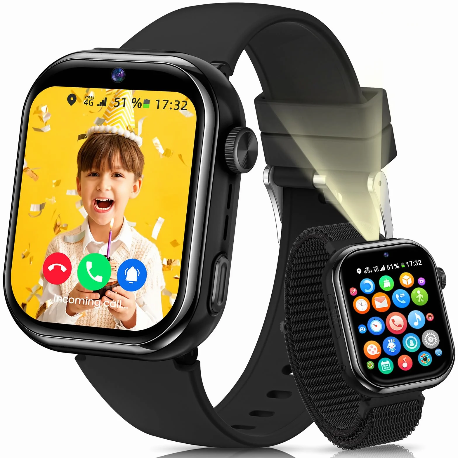4G Montre Connectée Enfant, Montre Telephone Enfant avec GPS, Double Caméra, Appel Vidéo, Chat Vocal, SOS, Mode Classe, Lampe Torche, IP68, Podomètre, Cadeau pour Garçons Filles, Noir, Garantie 3 Ans