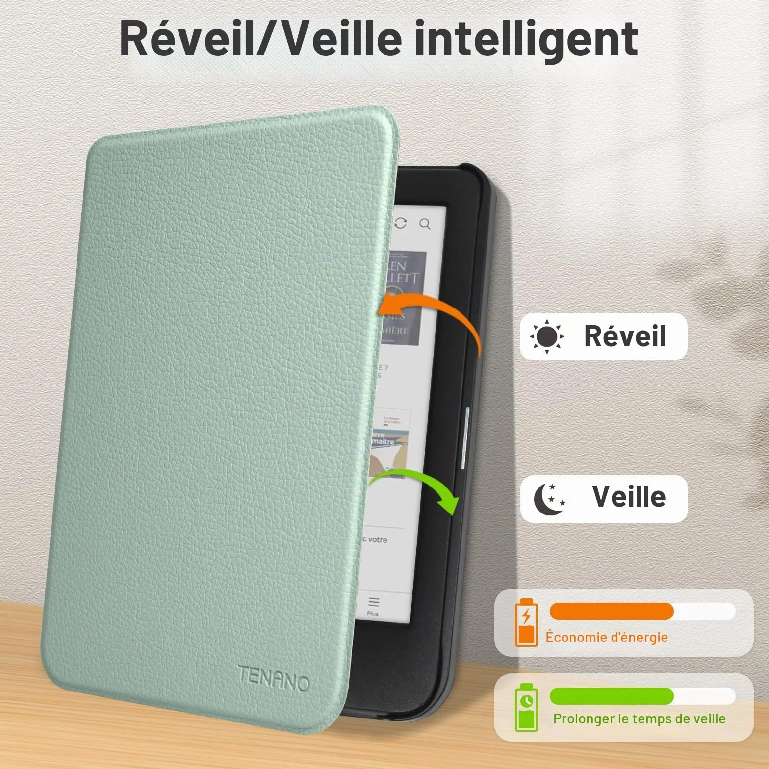 Tenano Étui en Tissu pour Kobo Clara Colour/BW/2E, Tolino Shine Colour/Shine 5/4, Housse de Protection avec Fonction Veille/Réveil Automatique, Agave Noir
