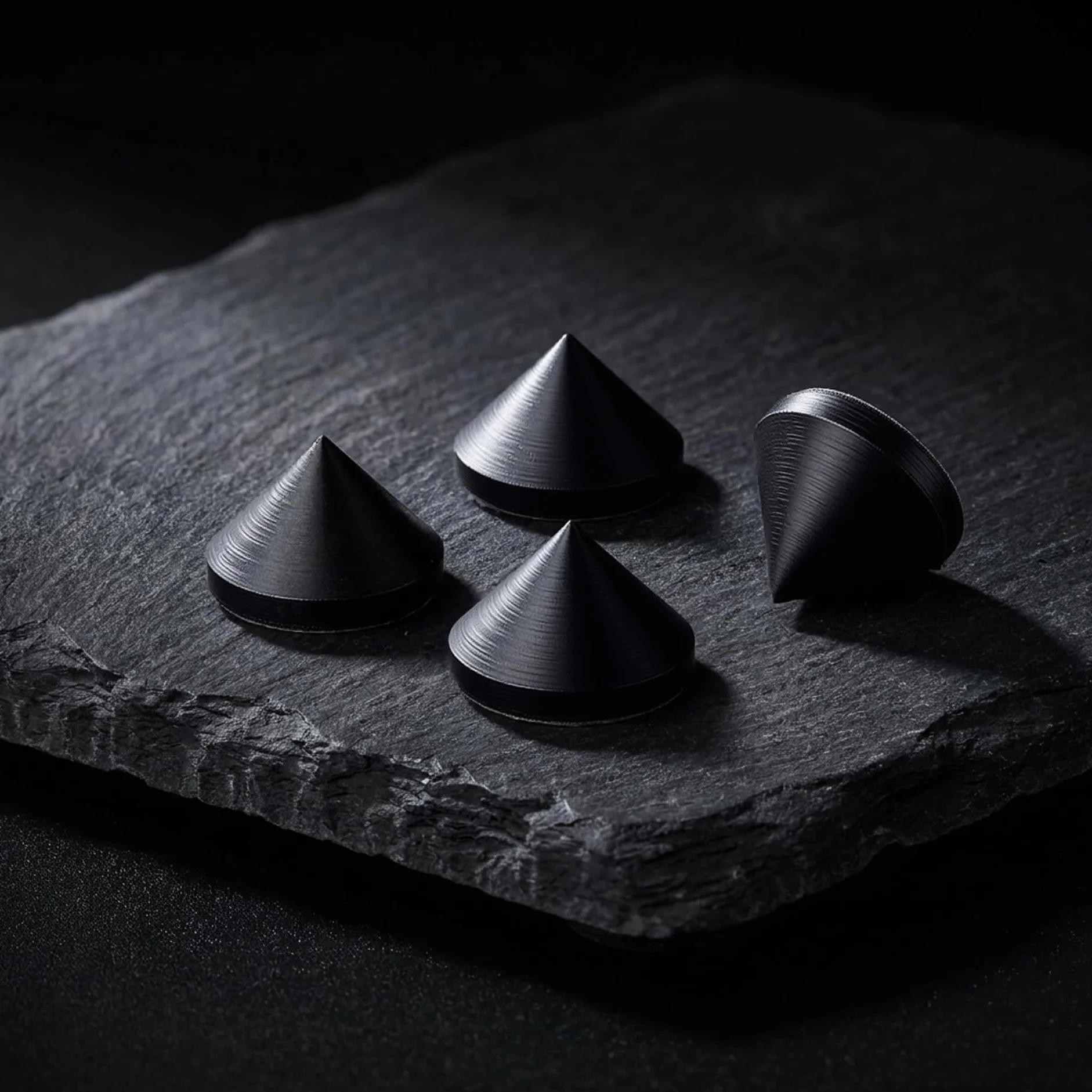 PrecisionGeek - Pointes pour Enceintes Forme Conique, diamètre 20 mm, Acier Noir, oxydé, Coussinets Autocollants Double Face Inclus - 4 pièces