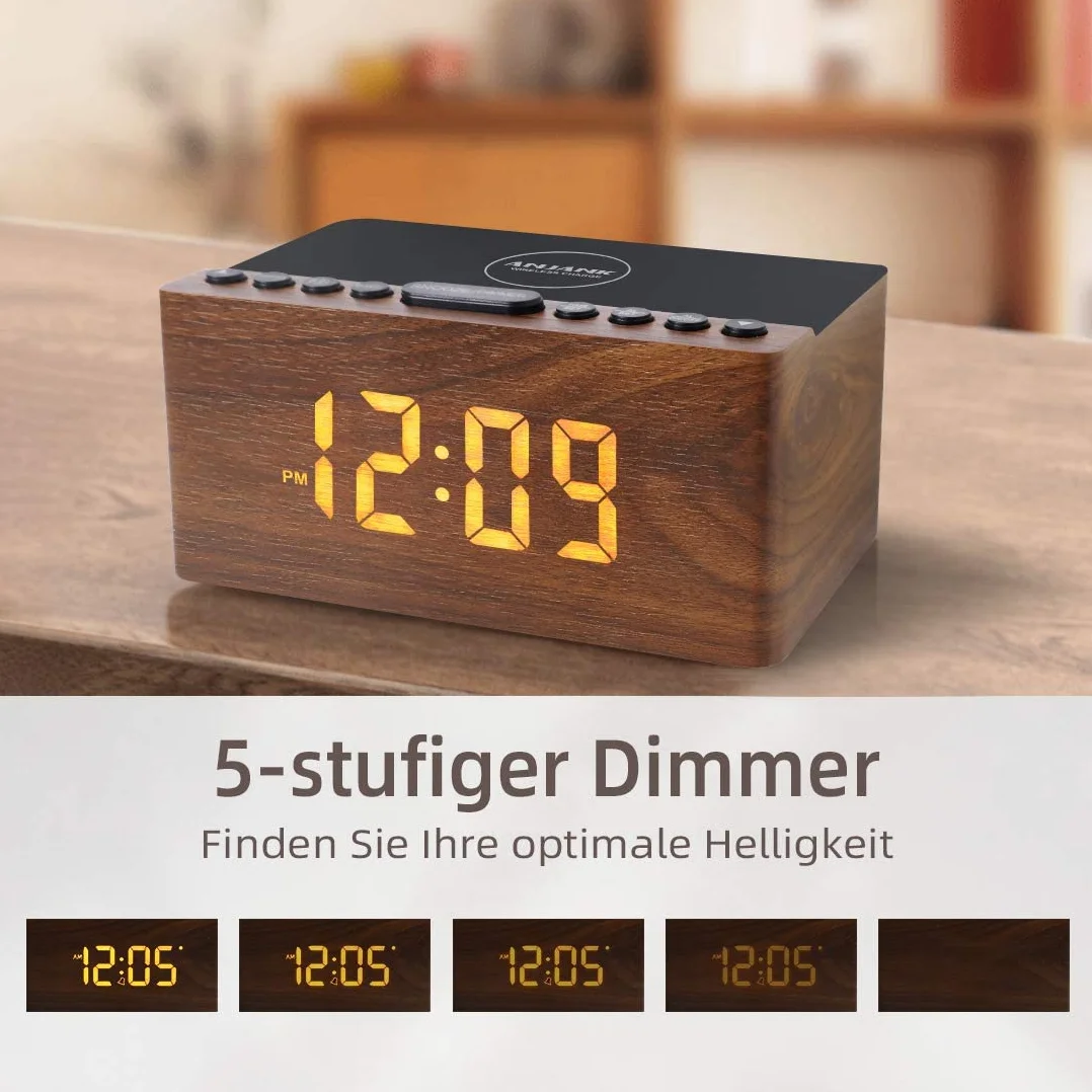 Radio Réveil Numérique en Bois avec Radio FM,Station de Charge sans fil Rapide Pour iPhone/Samsung Galaxy,Alarm Clock et Affichage LED,Variateur à 5 Niveaux,Port USB,Minuterie de Sommeil, Marron