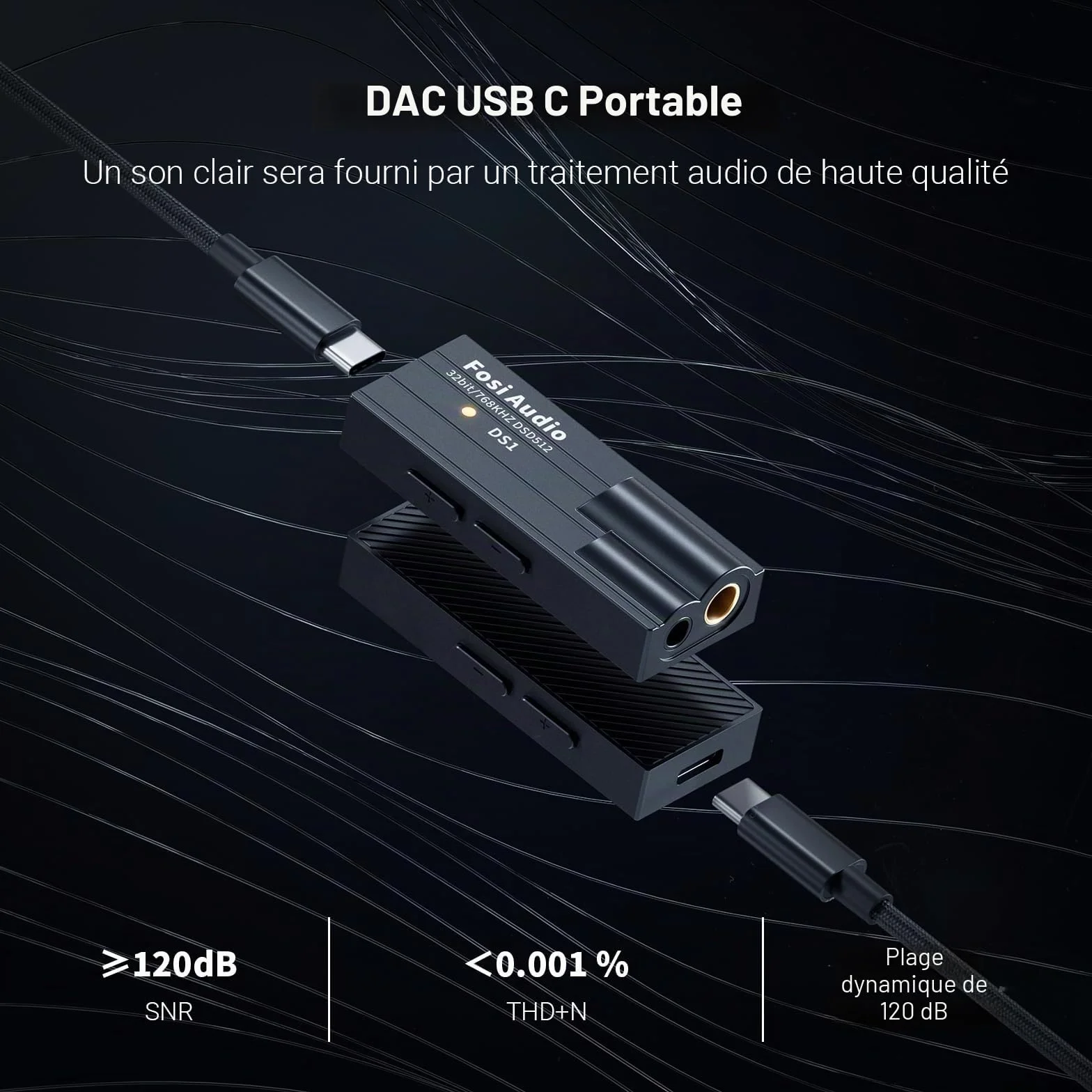Fosi Audio DS1 Ampli Casque, Puce DSD512, Mini Amplificateur Audio, Dac Audio HiFi, USB C DAC ES9038Q2M, Prend en Charge 32 bits/768 kHz avec Double Sortie Casque 4,4 mm et 3,5 mm, pour Casque