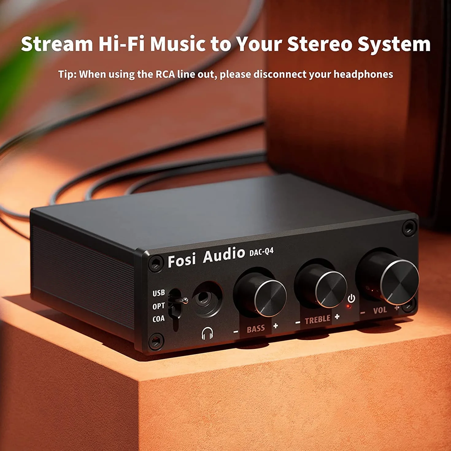 Fosi Audio Q4 Amplificateur de Casque, Amplificateur de Casque DAC USB 192 kHz, Entrées USB/Optiques/Coaxiales vers AUX/RCA/Sortie 3,5 mm, Ampli DAC de jeu pour PS5/PC/MAC/Haut-Parleurs Actifs