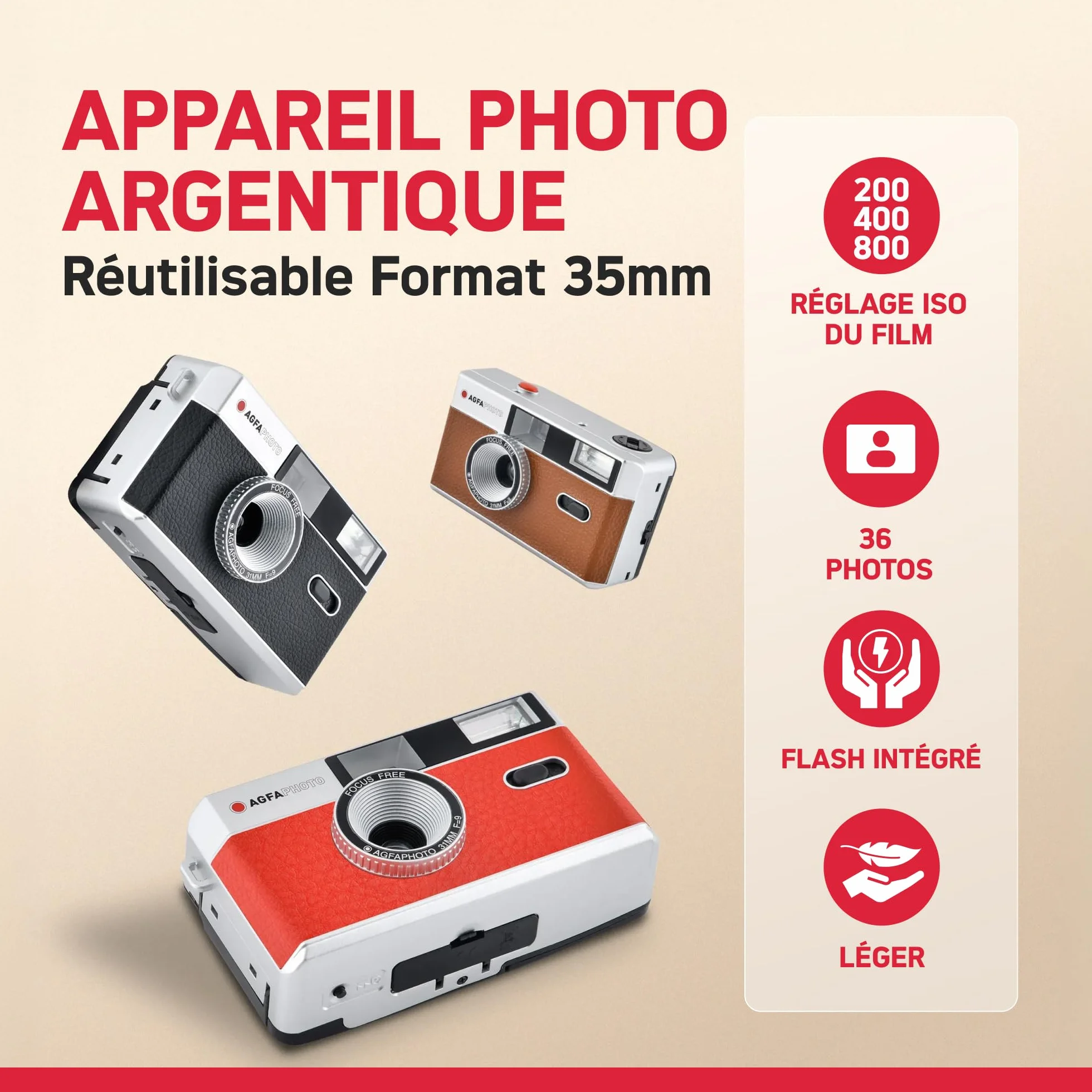 AGFAPHOTO - Appareil Photo Argentique 35mm – Objectif 31 mm F9, Flash Intégré, Mise au Point Fixe, Compatible Pellicules ISO 200/400/800 – Étui et Dragonne Inclus - Beige