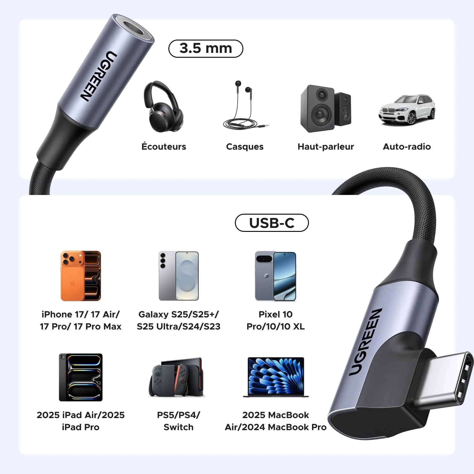 UGREEN Adaptateur USB-C vers Jack Audio 3,5 mm à Angle Droit 90 Dépenser avec Puce DAC, Compatible avec iPhone 17/17 Air/17 Pro/17 Pro Max, Série Galaxy S25, iPad, Mac