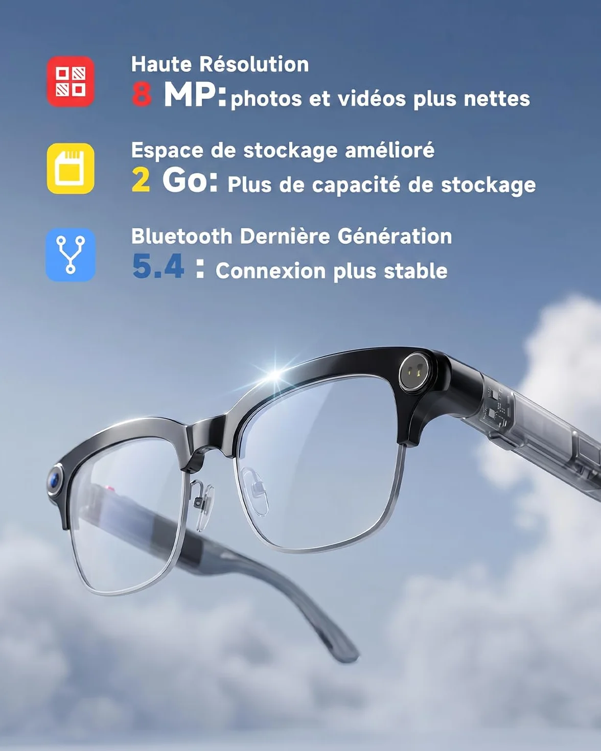 TOOBUR Lunettes connectées AI avec Appareil Photo 8MP, vidéo HD 1080P Anti-Flou, Traduction en Temps réel & Assistant Vocal, appels Bluetooth & Audio à Oreille Ouverte pour vlog, Voyage & réunions