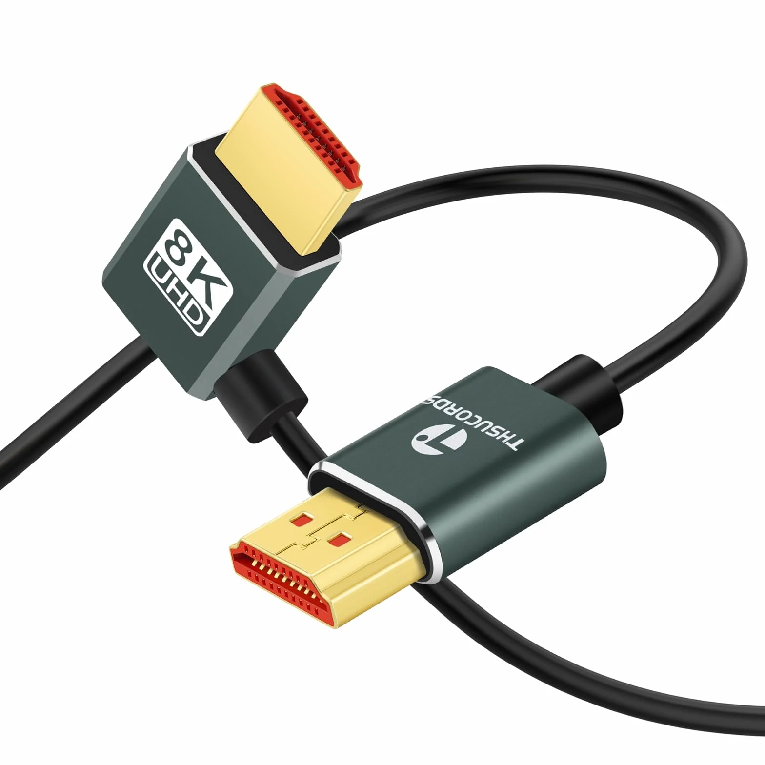 Thsucords Câble HDMI 2.1 Ultra Fin 8K à Angle Gauche de 90 Degrés 1M, Cordon Flexible Haute Vitesse Compatible 4K @120 Hz 8K @60 Hz Compatible avec Roku TV/HDTV/PS5/Blu-ray