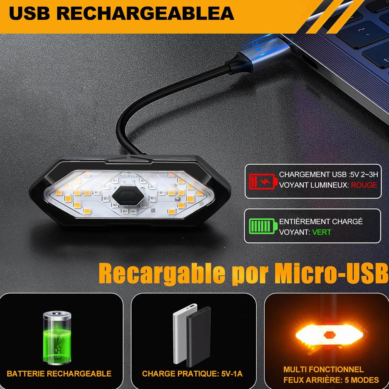 EBUYFIRE Feu Arrière Vélo LED Clignotants Télécommande 5 Modes IPX4 USB Rechargeable Klaxon Montage Universel