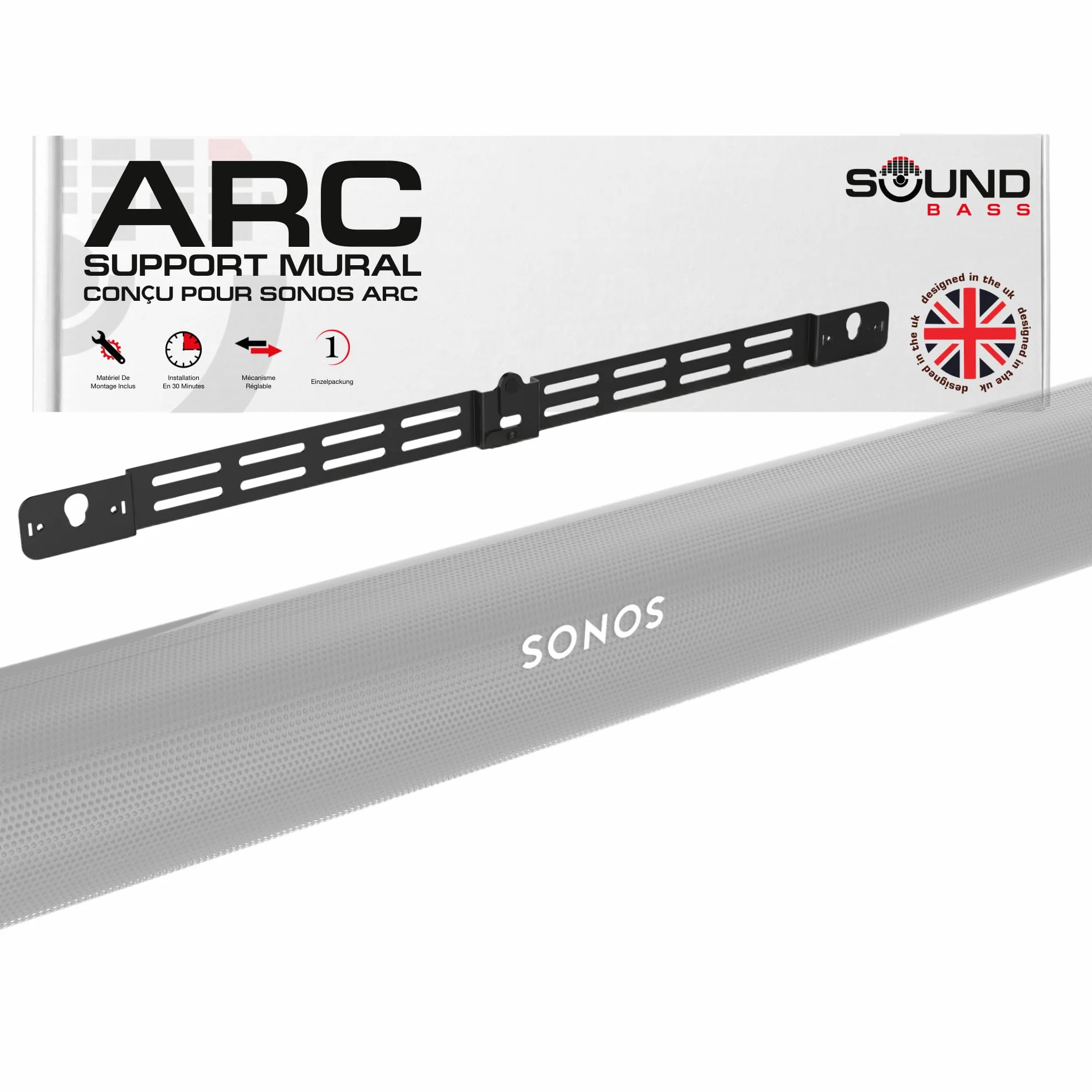Sound bass Arc Wall Mount Bracket, Noir, Compatible avec Sonos Arc et Arc Ultra, Profondeur Réglable, Tout Le Matériel Inclus, Conçu au Royaume-Uni.