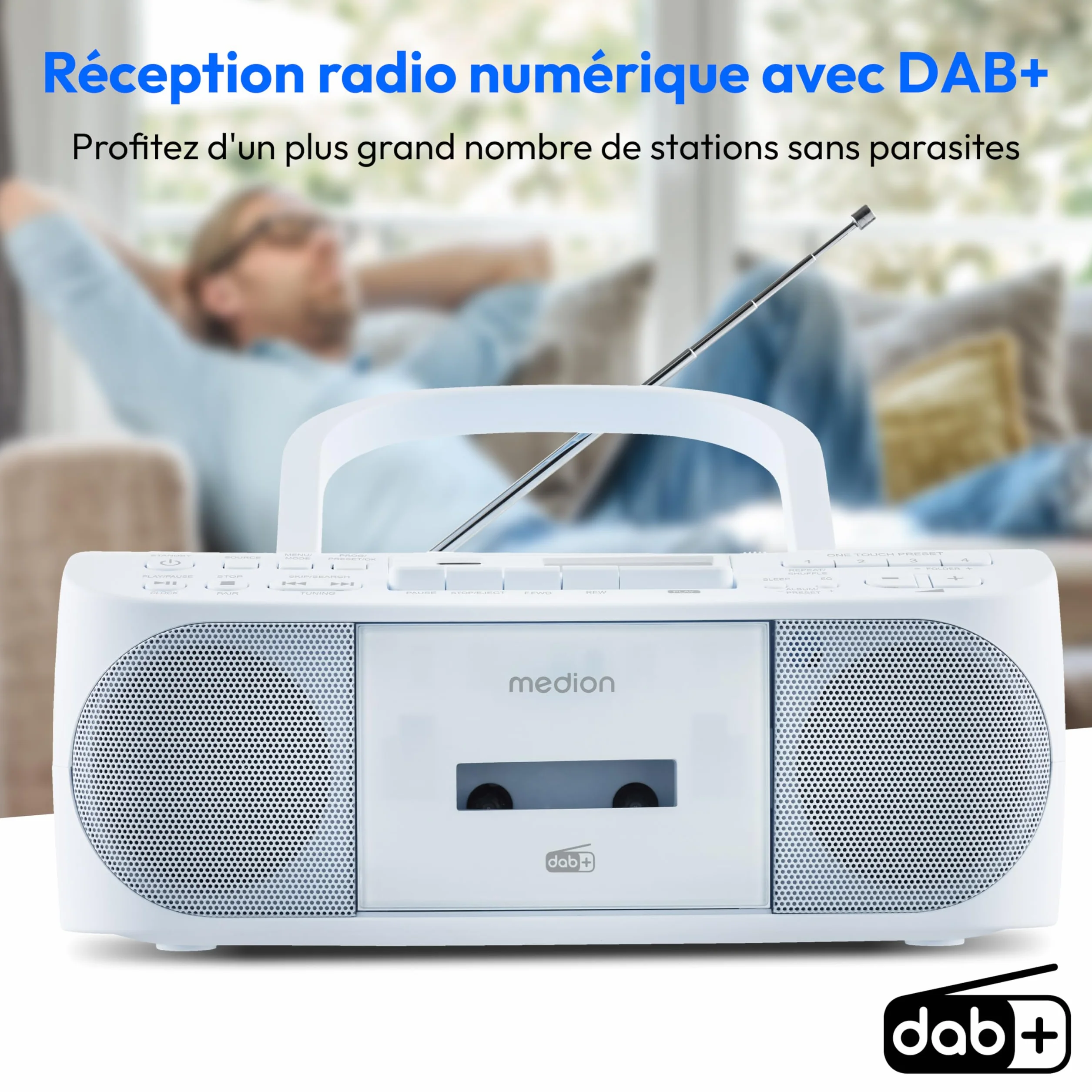 MEDION DRX-1 Plus Boombox Radio Portable DAB+ FM Bluetooth Lecteur CD MP3 Cassette Bleu