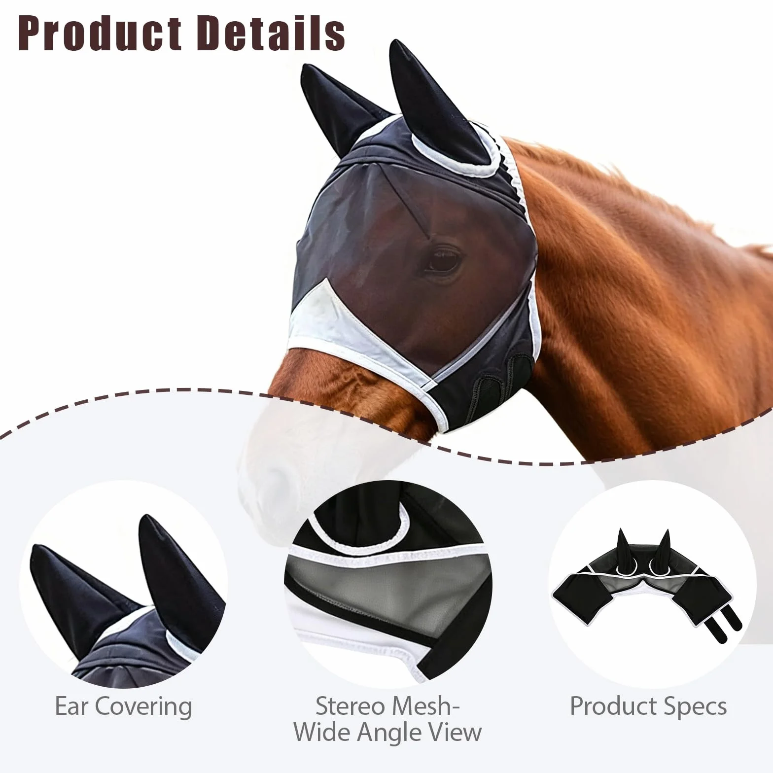Masque Anti-Mouches Noir pour Chevaux Protection UV Respirant (L)