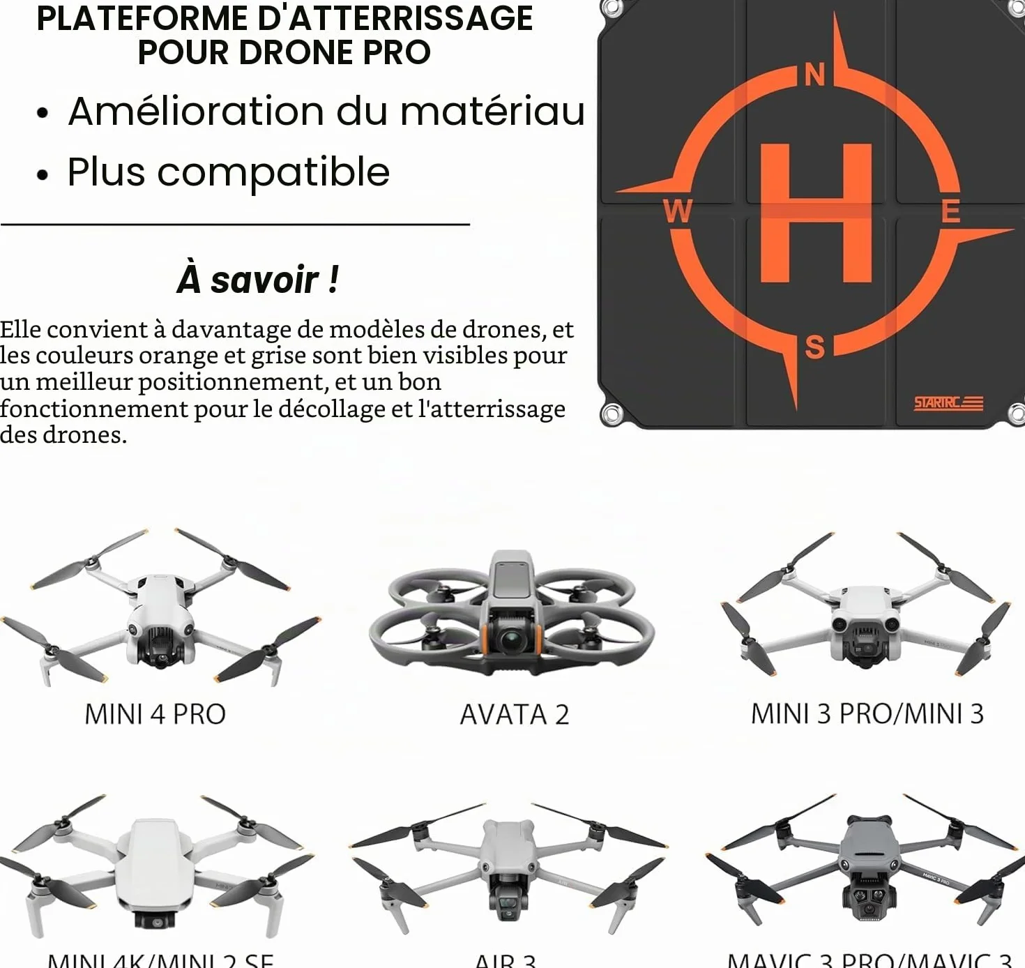 STARTRC Drone Landing Pad,50cm(19”) RC Hélicoptère Piste Pliable d'atterrissage pour DJI Mini 4k/Mini 4 pro/Avata 2/Mini 3 Pro/Mini 2 SE/Mavic 3/Air 3/ Mavic Mini 2/Mavic Air 2/Mavic 2 /FPV Drone