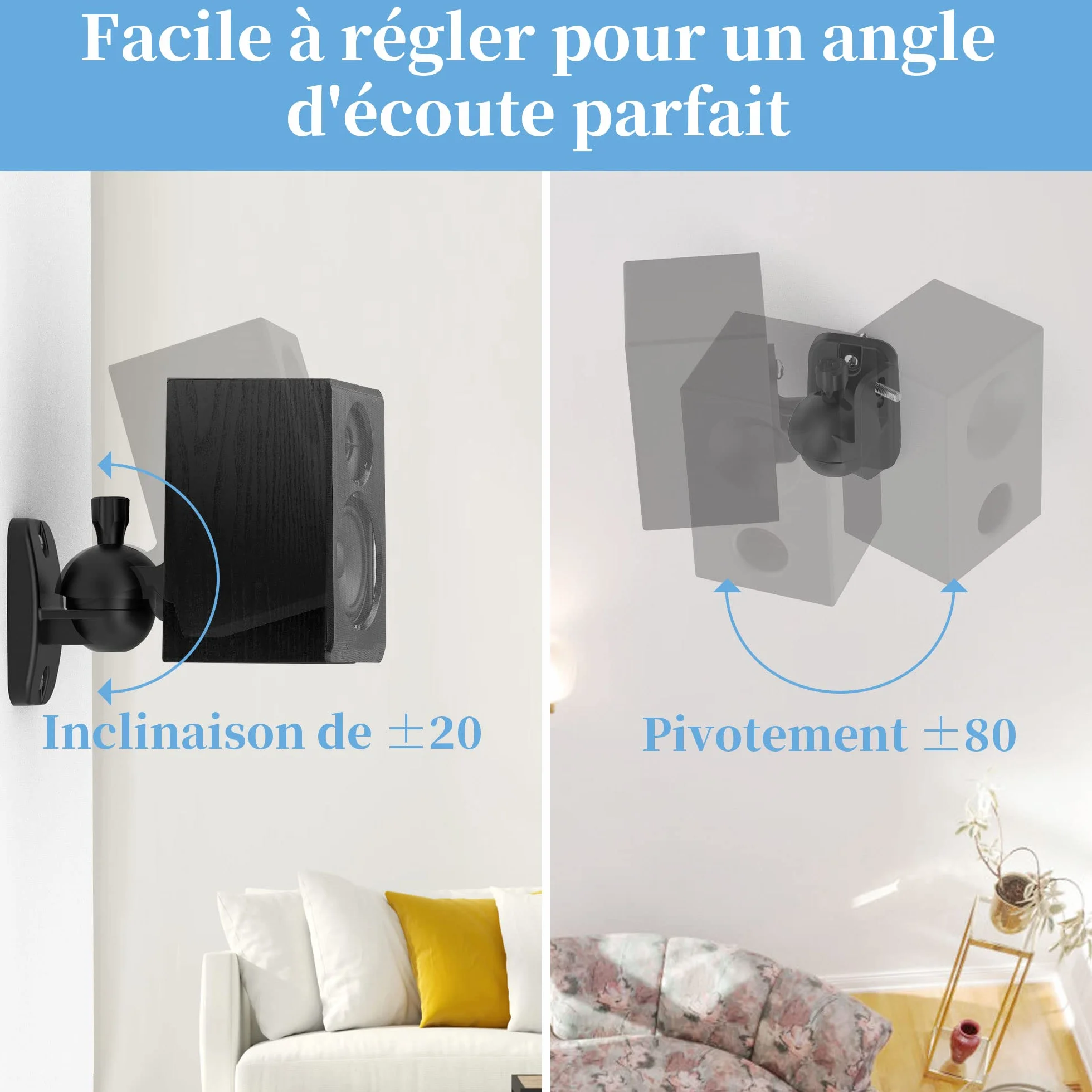 Cozycase Universel Support Mural pour Enceintes 2 pièces Rotation + Inclinaison Ajustable jusqu'à 3,5 kg, avec 3 Types de vis (Noir)