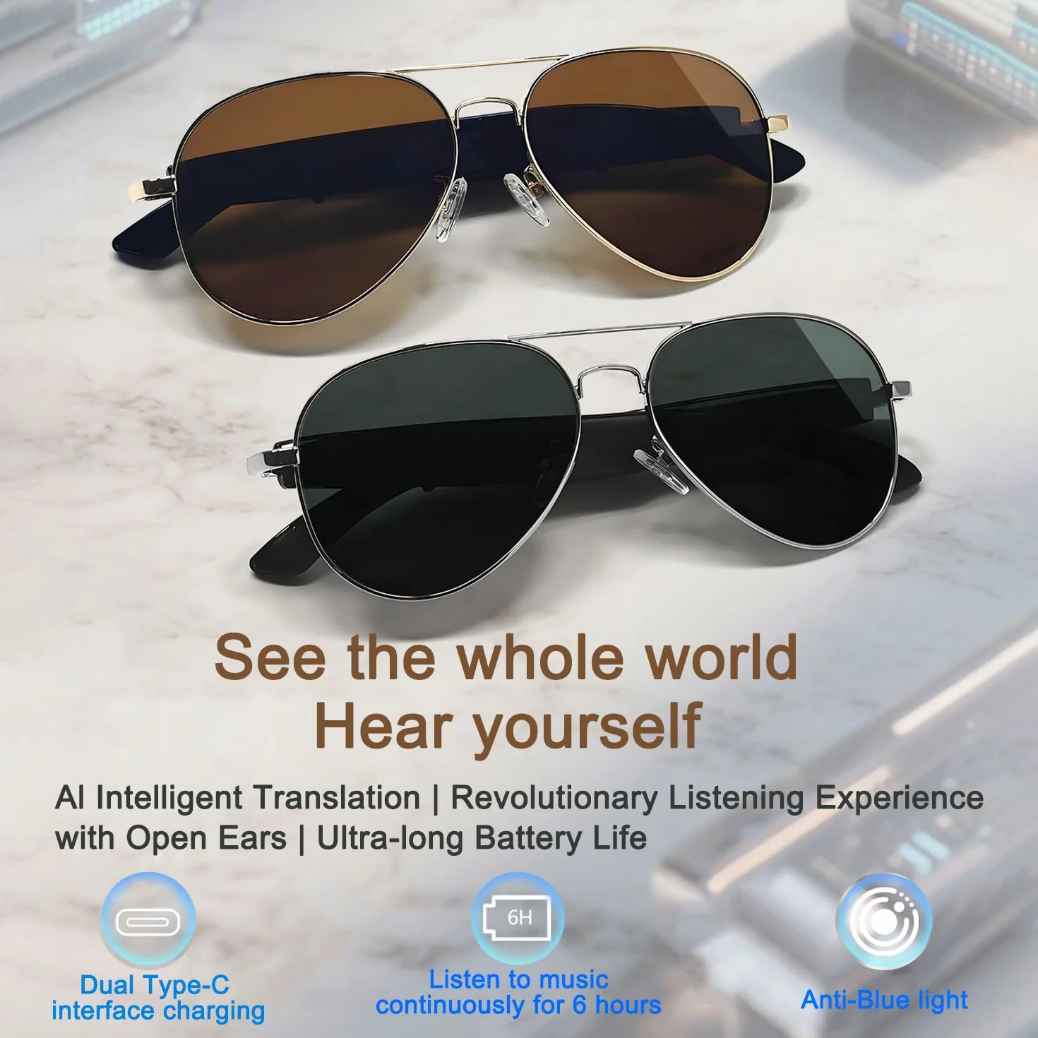 LONGLU Lunettes intelligentes, lunettes intelligentes AI avec application Hyper MZT – Traduction en temps réel de plus de 100 langues, photographie tactile, protection UV400 et Bluetooth 5.4 (marron)