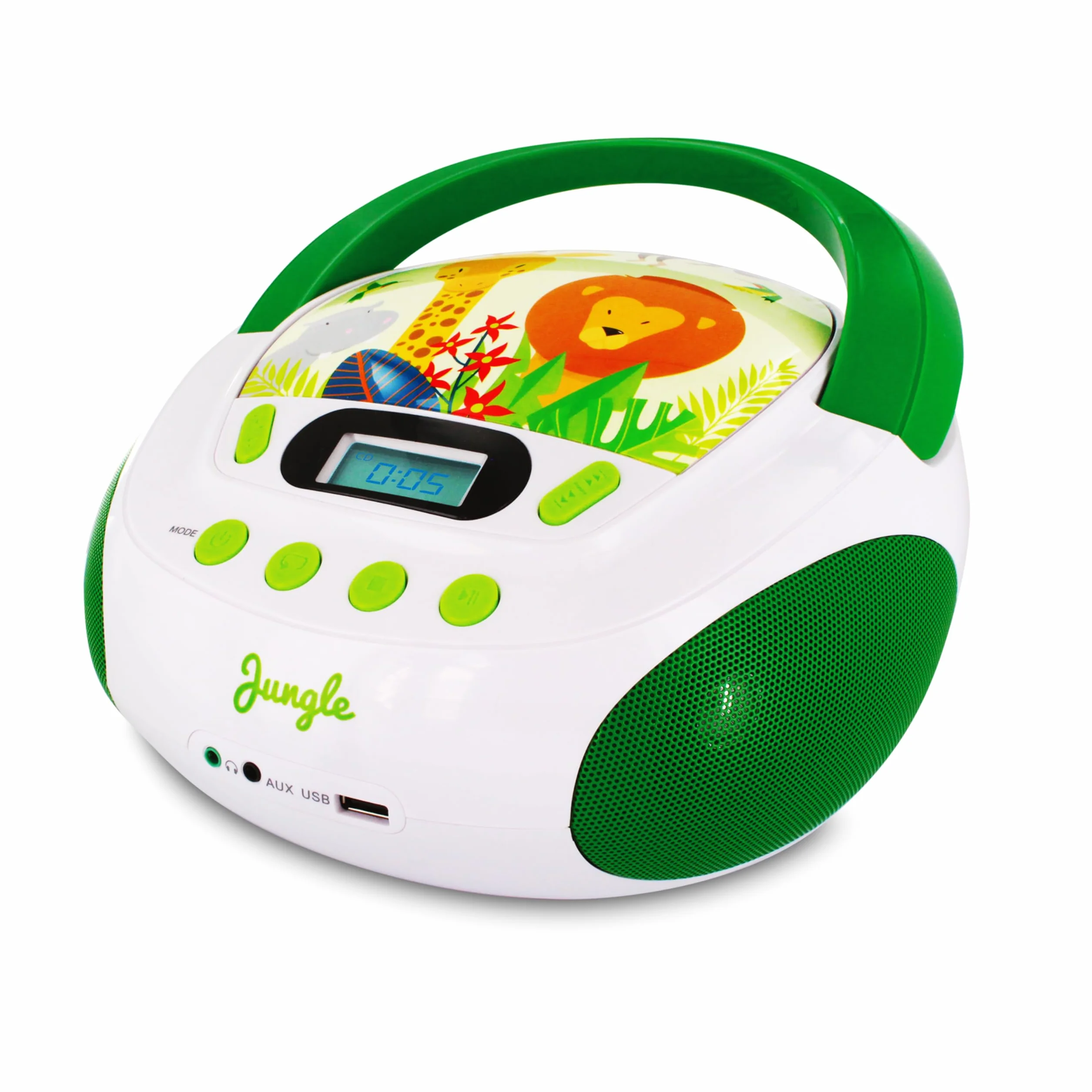 MOOOV Lecteur CD Enfant Jungle MP3 USB AUX-in Prise Casque Portable Vert Blanc