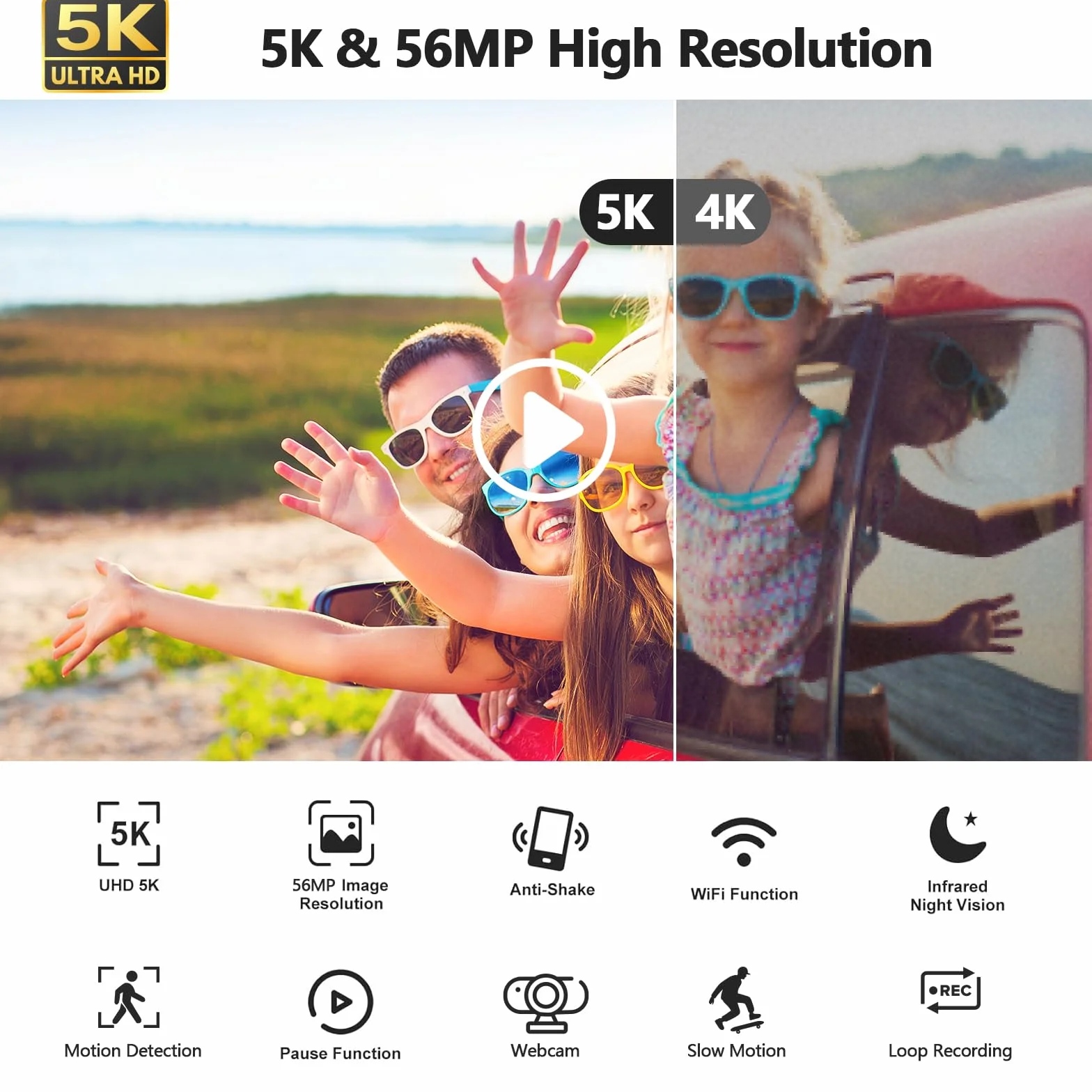 Caméscope 5K 56MP Vidéocaméra YouTube avec Microphone Trépied Stabilisateur, Vision Nocturne WiFi, Zoom 16X, Carte SD 64GB, 2 Batteries